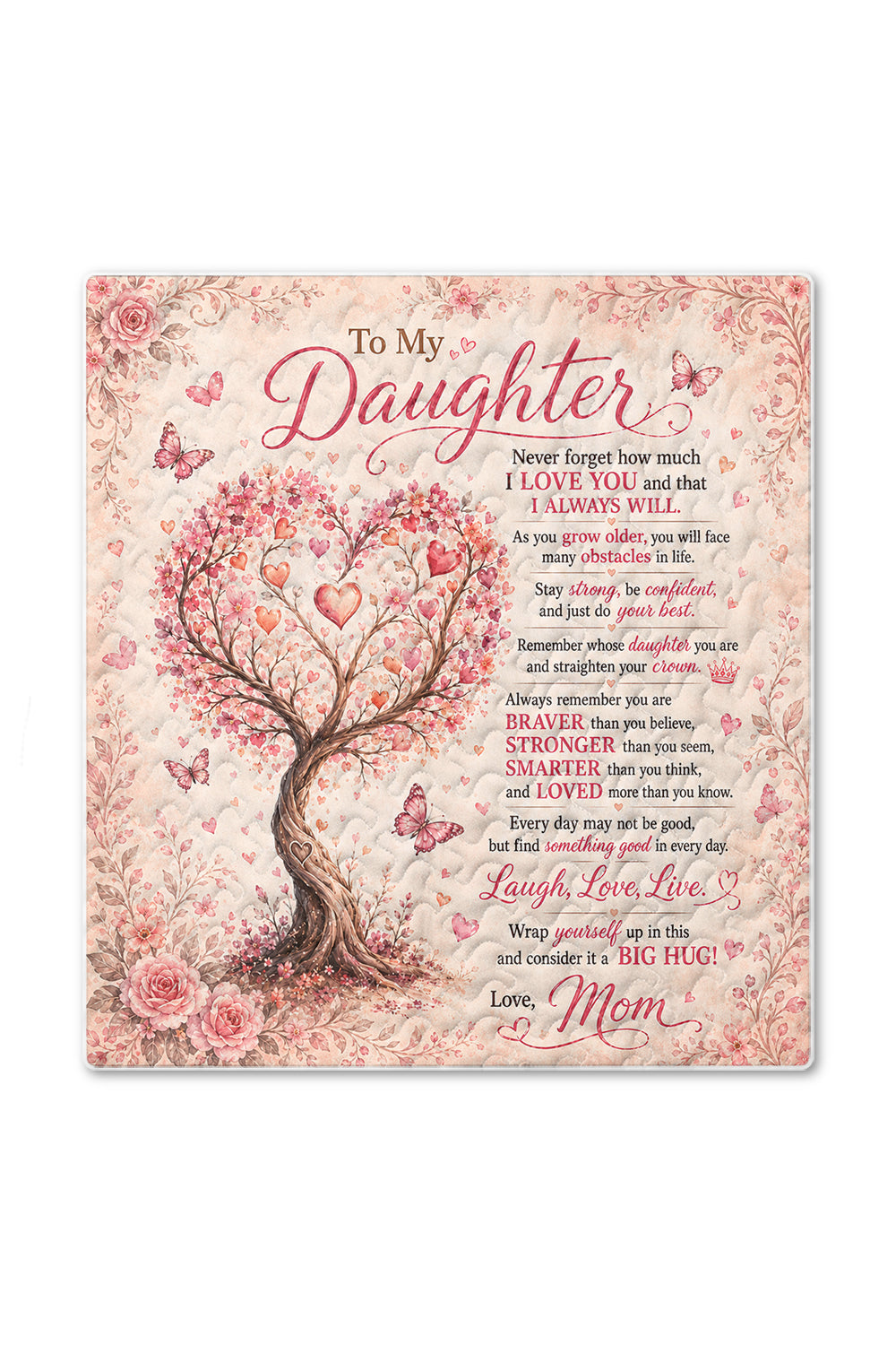 Daughter Braver Stronger Loved Pink Heart Blossom Tree Quilt Blanket