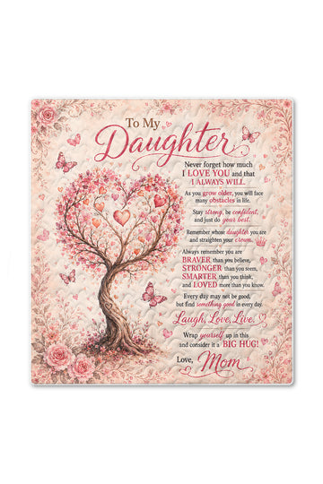 Daughter Braver Stronger Loved Pink Heart Blossom Tree Quilt Blanket