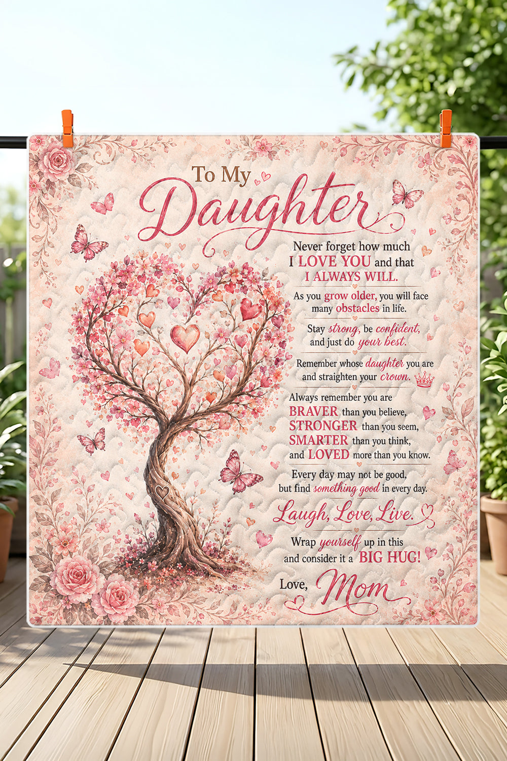 Daughter Braver Stronger Loved Pink Heart Blossom Tree Quilt Blanket
