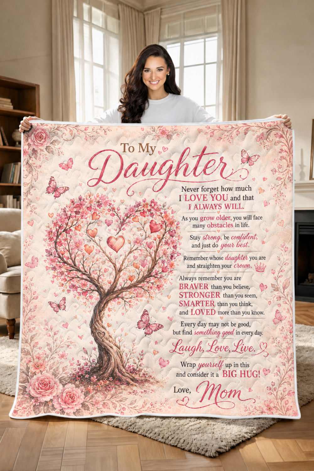 Daughter Braver Stronger Loved Pink Heart Blossom Tree Quilt Blanket