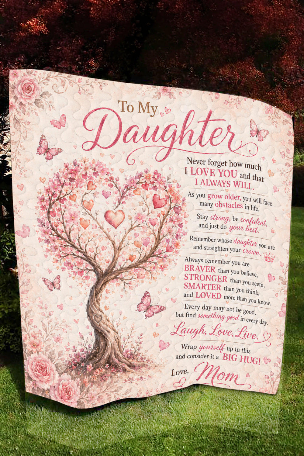 Daughter Braver Stronger Loved Pink Heart Blossom Tree Quilt Blanket