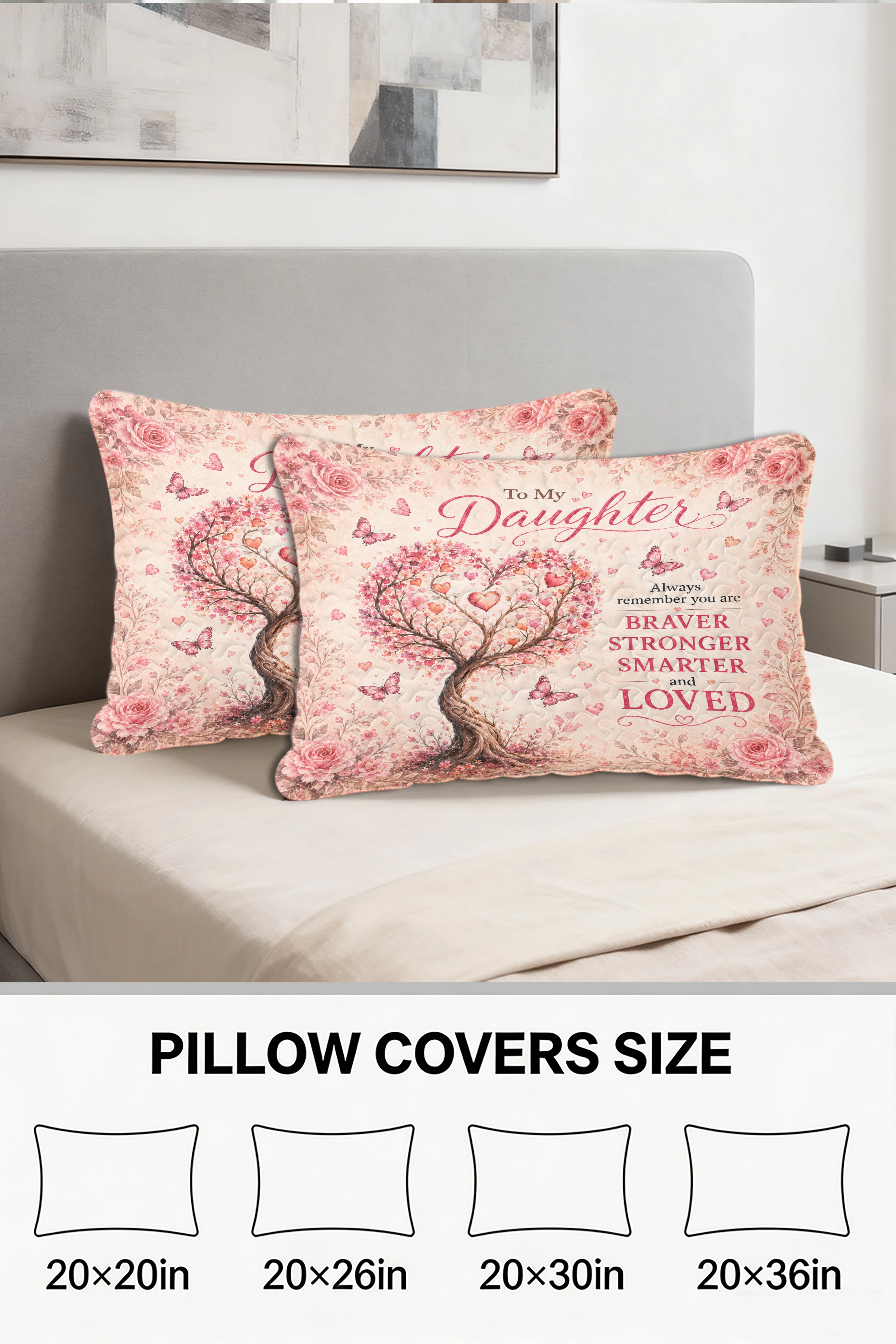 Daughter Braver Stronger Loved Pink Heart Blossom Tree Pillow