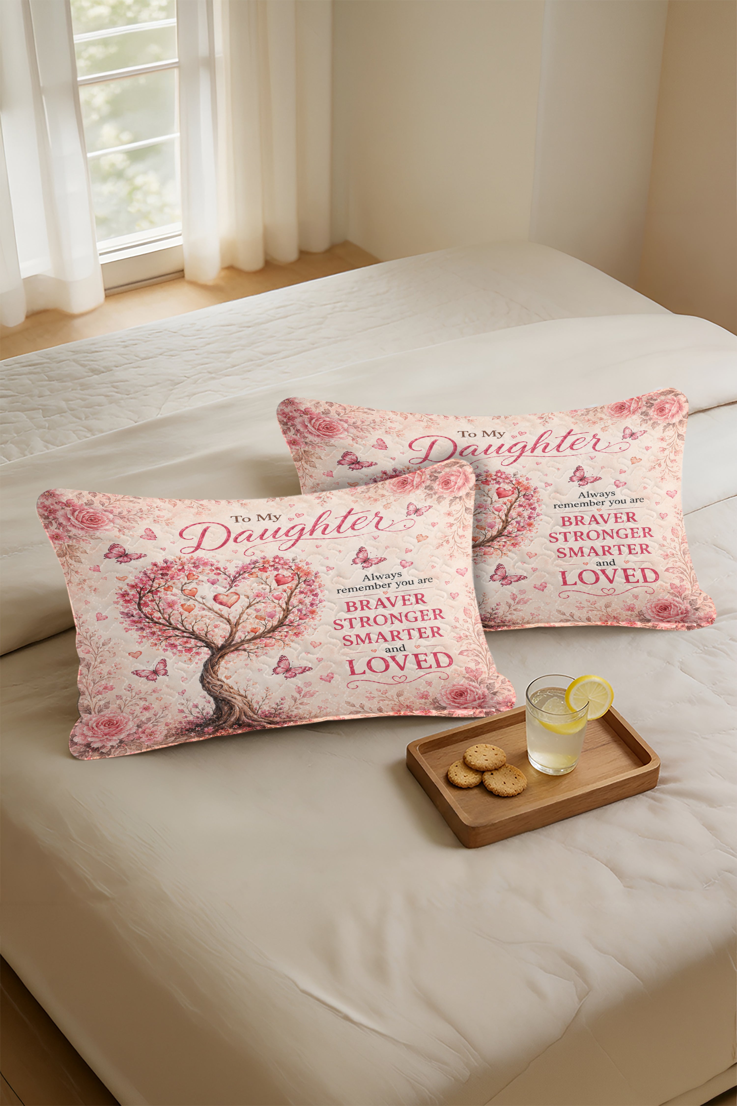 Daughter Braver Stronger Loved Pink Heart Blossom Tree Pillow