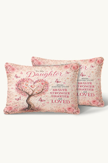 Daughter Braver Stronger Loved Pink Heart Blossom Tree Pillow