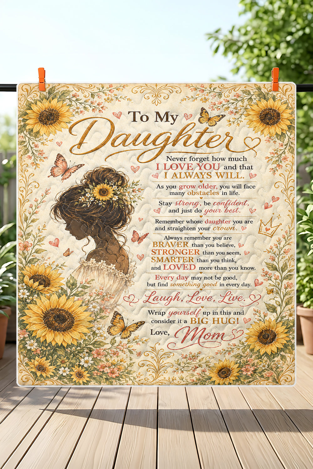 Daughter Braver Stronger Loved Sunflower Girl Boho Quilt Blanket