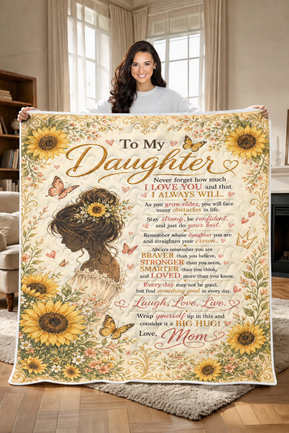 Daughter Braver Stronger Loved Sunflower Girl Boho Quilt Blanket