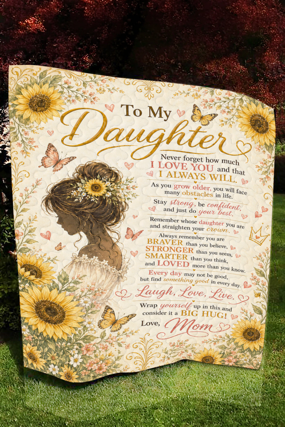 Daughter Braver Stronger Loved Sunflower Girl Boho Quilt Blanket
