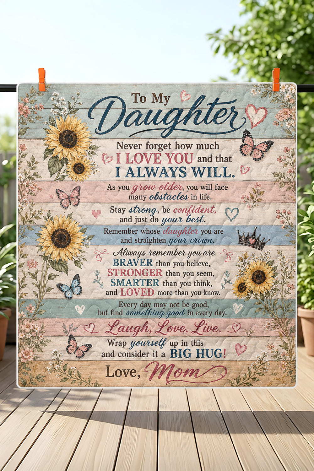 Daughter Braver Stronger Loved Sunflower Rustic Wood Quilt Blanket