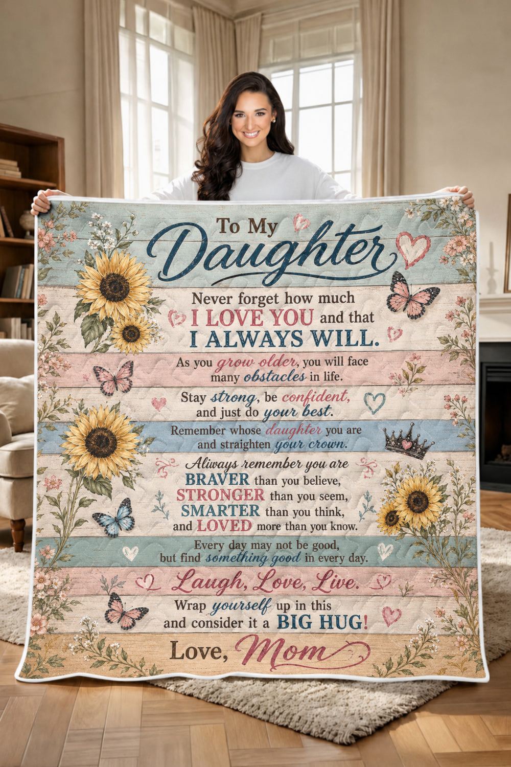 Daughter Braver Stronger Loved Sunflower Rustic Wood Quilt Blanket