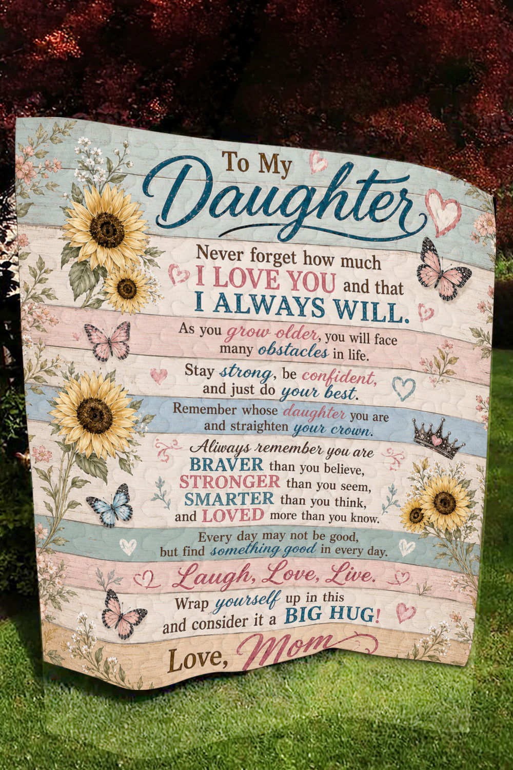 Daughter Braver Stronger Loved Sunflower Rustic Wood Quilt Blanket