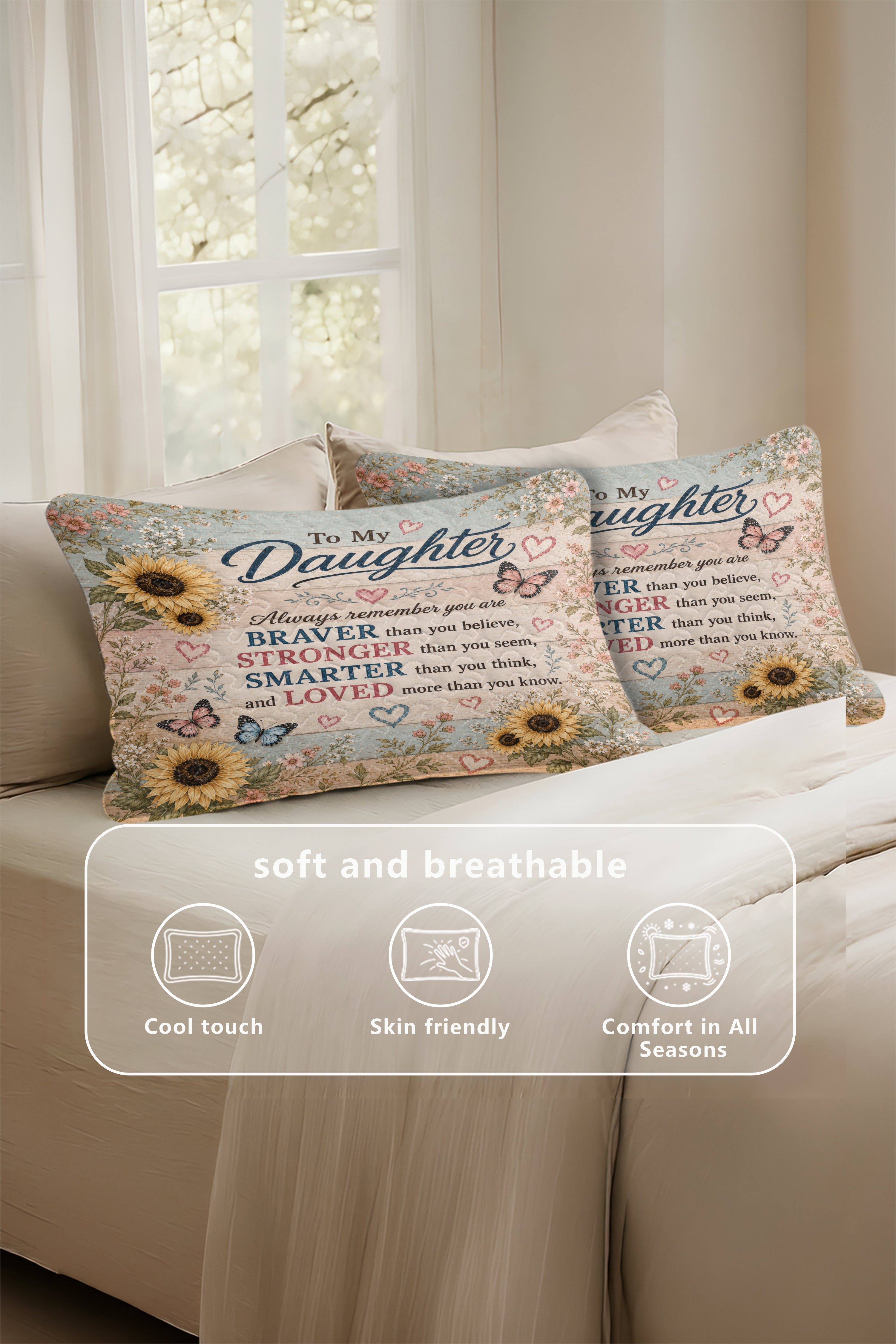 Daughter Braver Stronger Loved Sunflower Rustic Wood Pillow