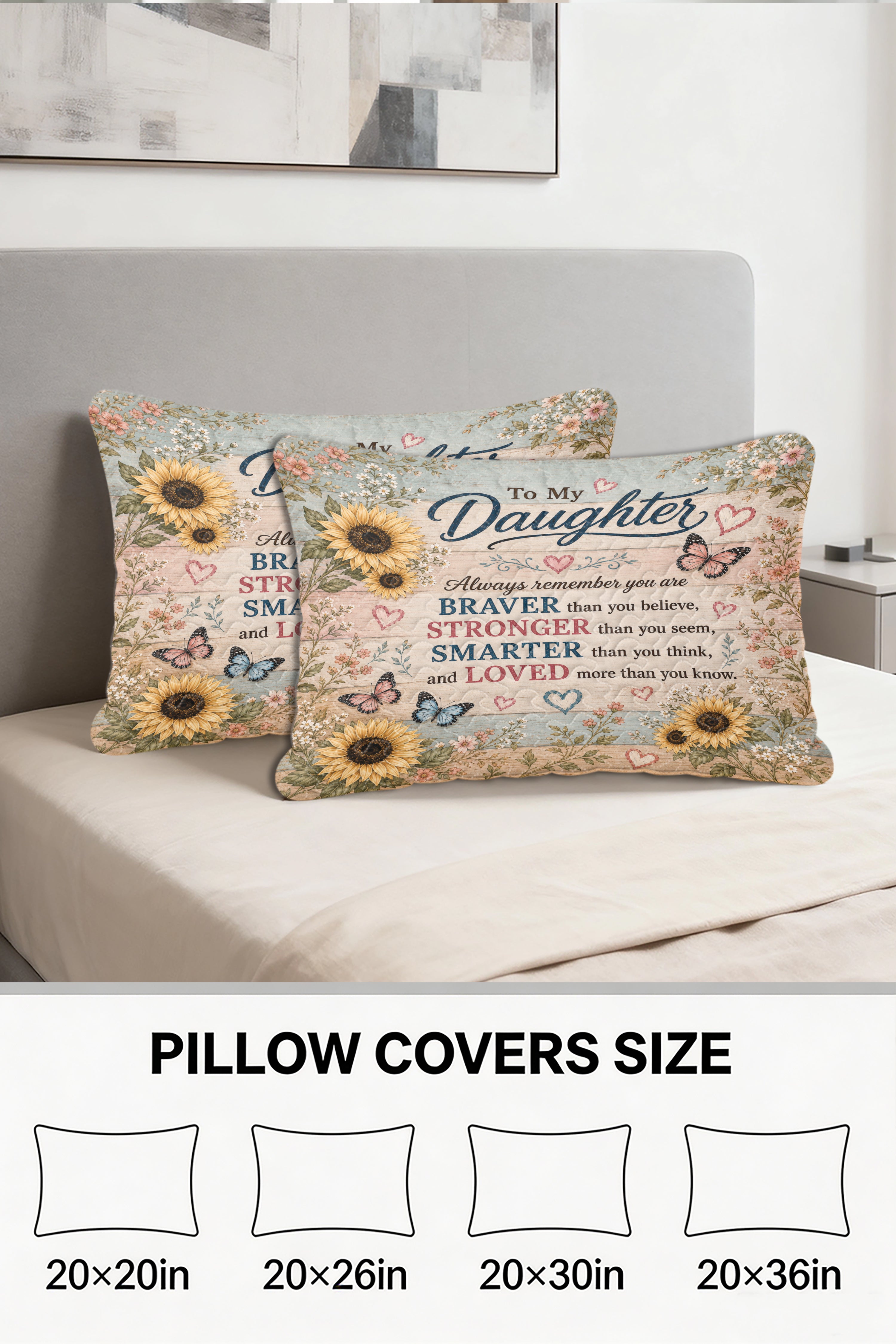 Daughter Braver Stronger Loved Sunflower Rustic Wood Pillow