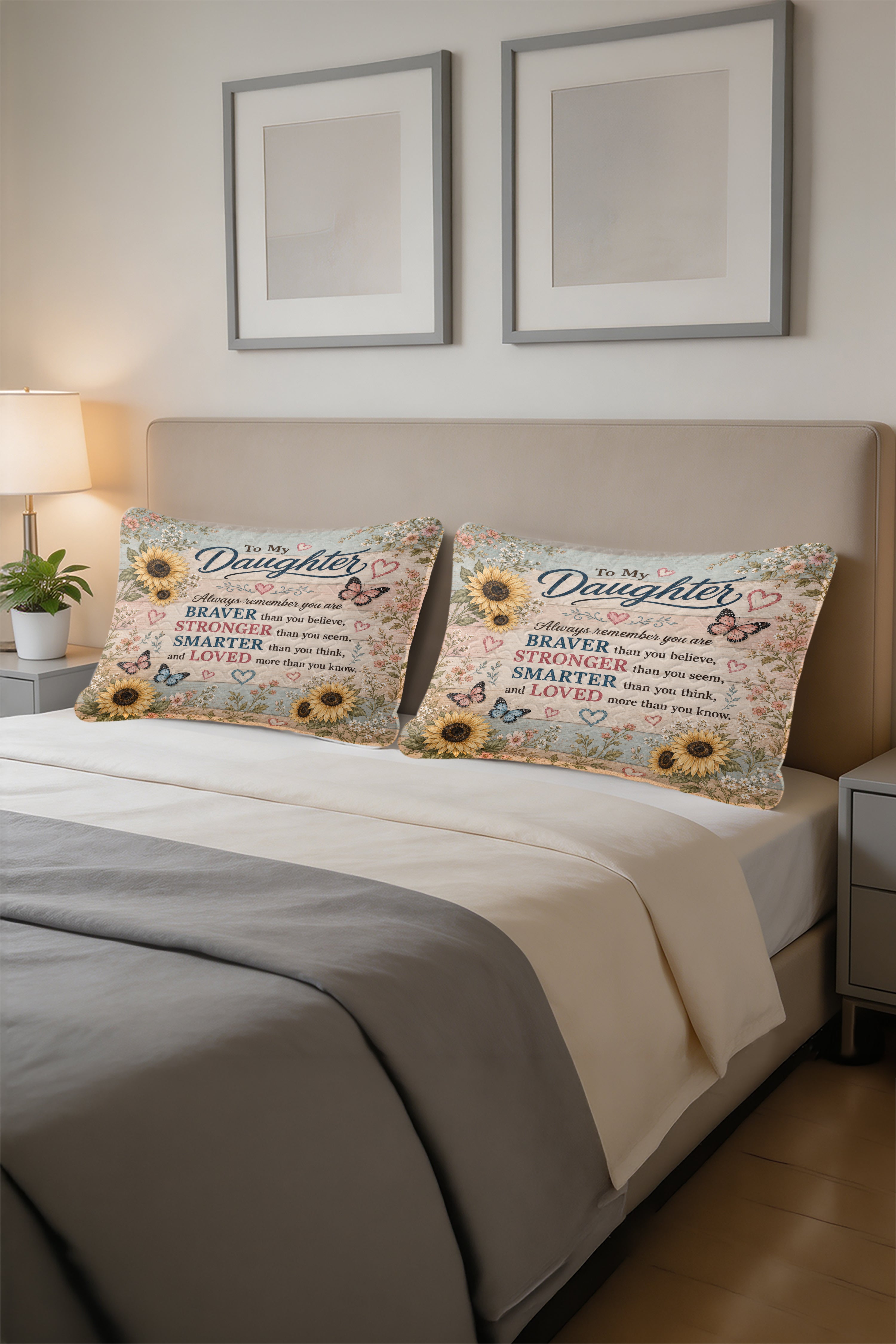 Daughter Braver Stronger Loved Sunflower Rustic Wood Pillow