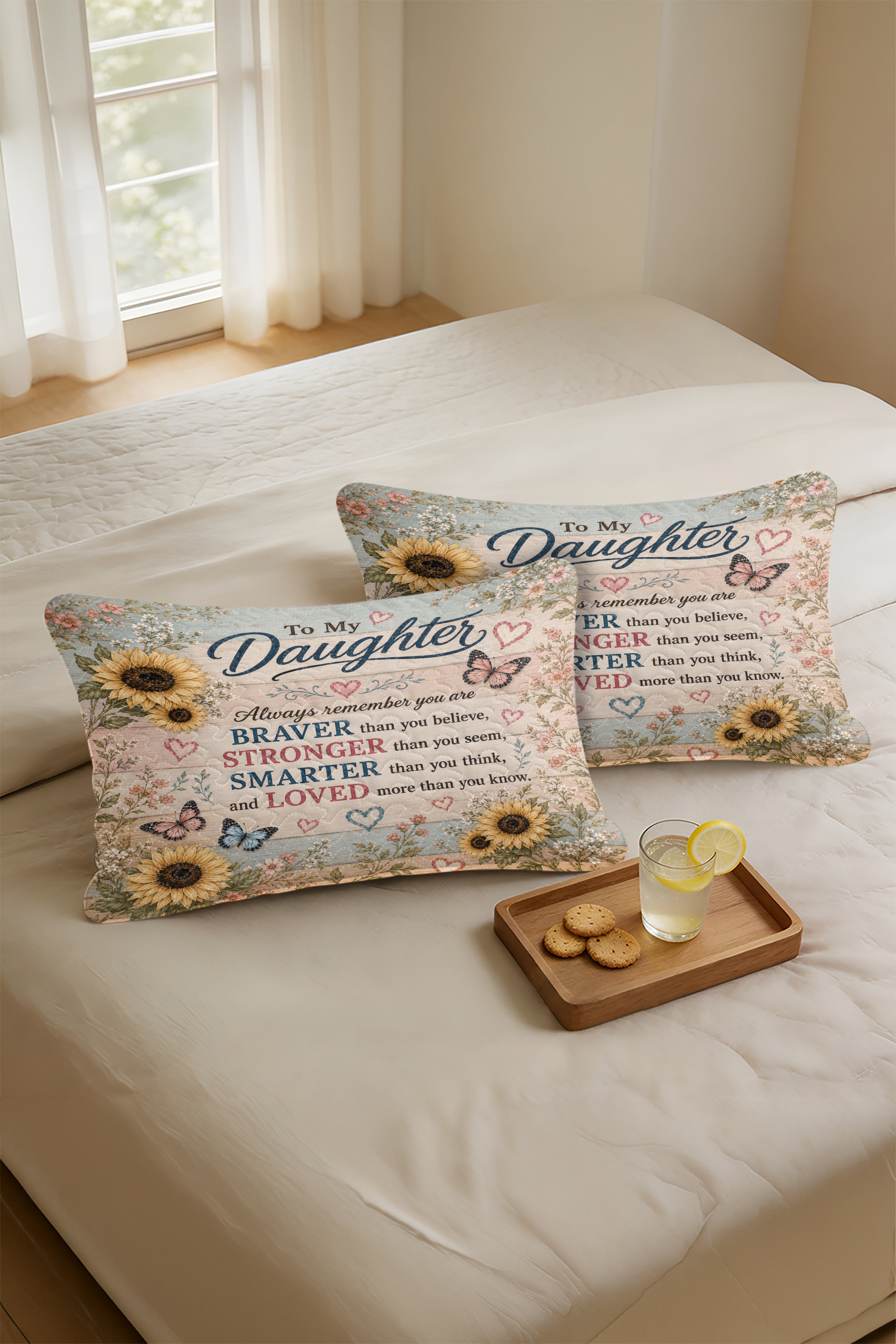 Daughter Braver Stronger Loved Sunflower Rustic Wood Pillow