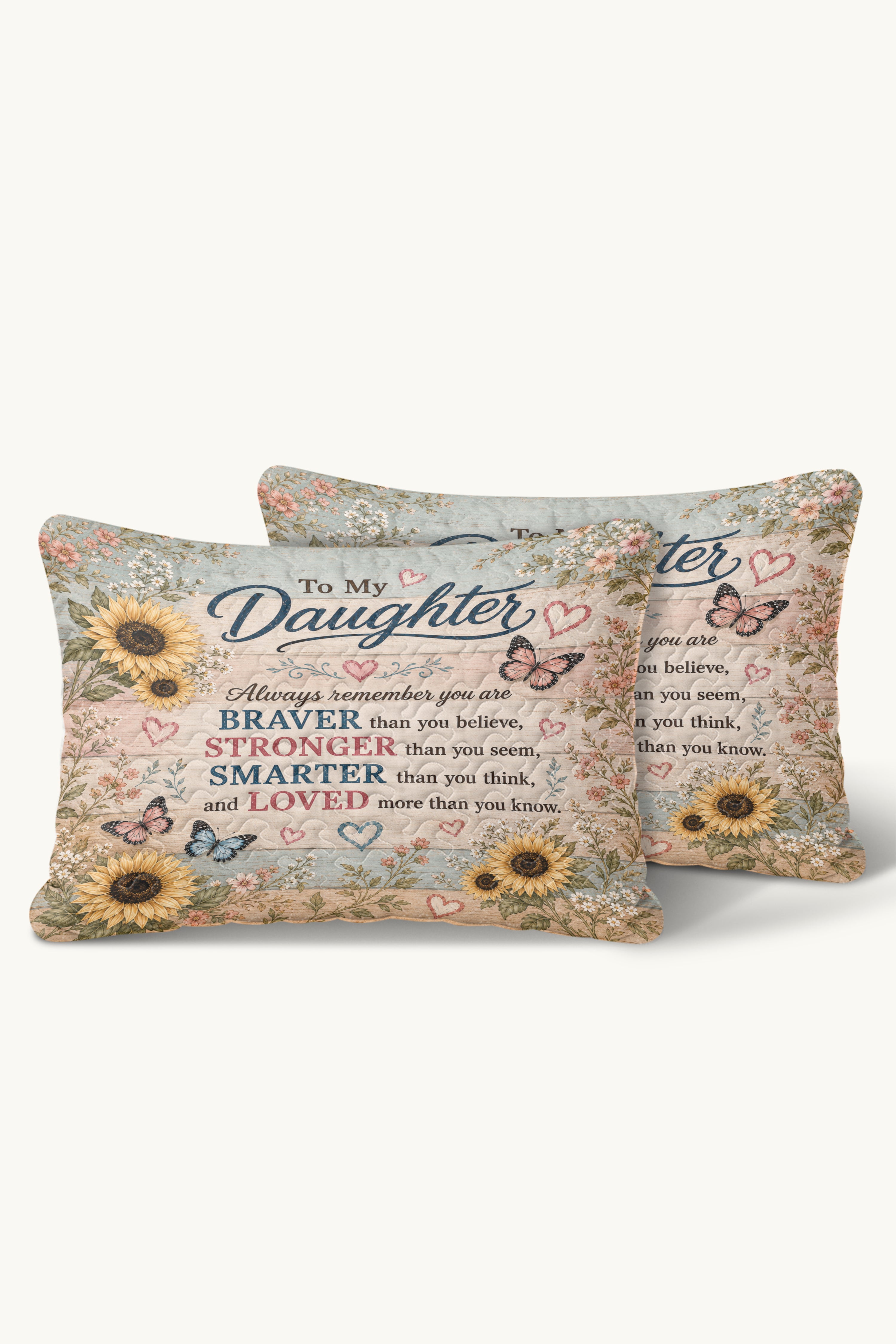 Daughter Braver Stronger Loved Sunflower Rustic Wood Pillow