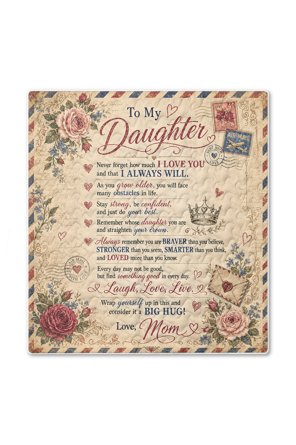 Daughter Braver Stronger Loved Vintage Air Mail Roses Blanket
