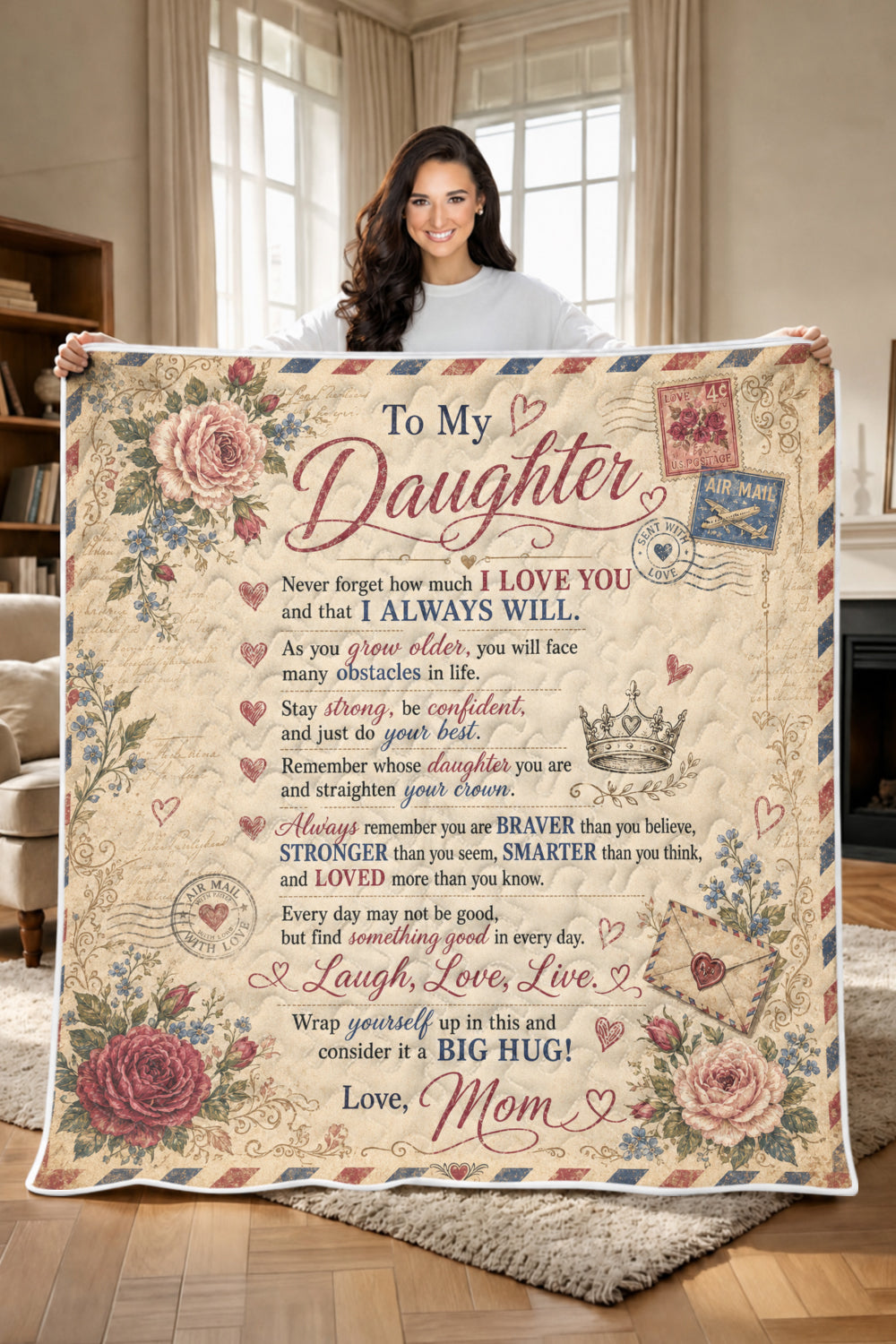 Daughter Braver Stronger Loved Vintage Air Mail Roses Blanket