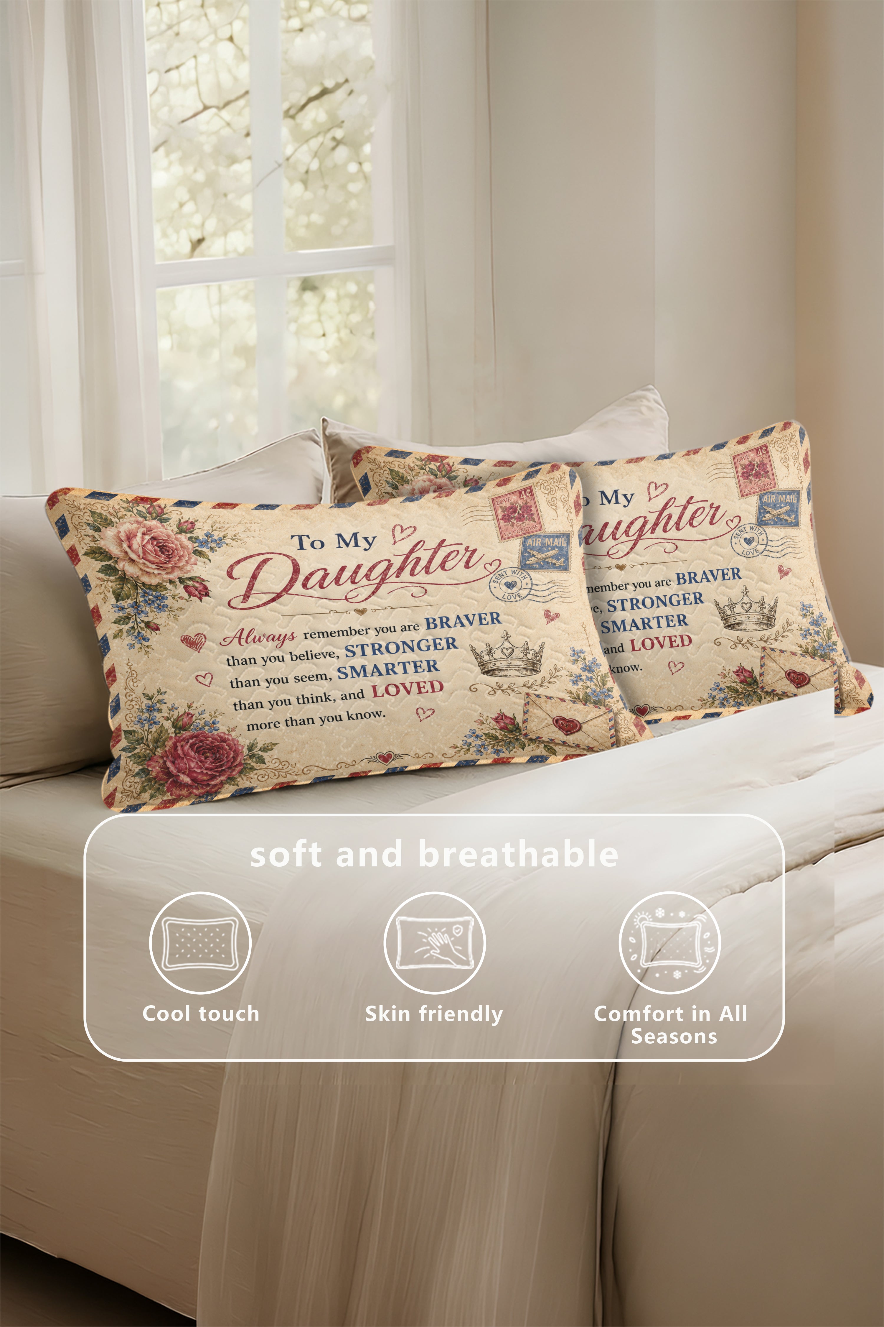 Daughter Braver Stronger Loved Vintage Air Mail Roses Pillow