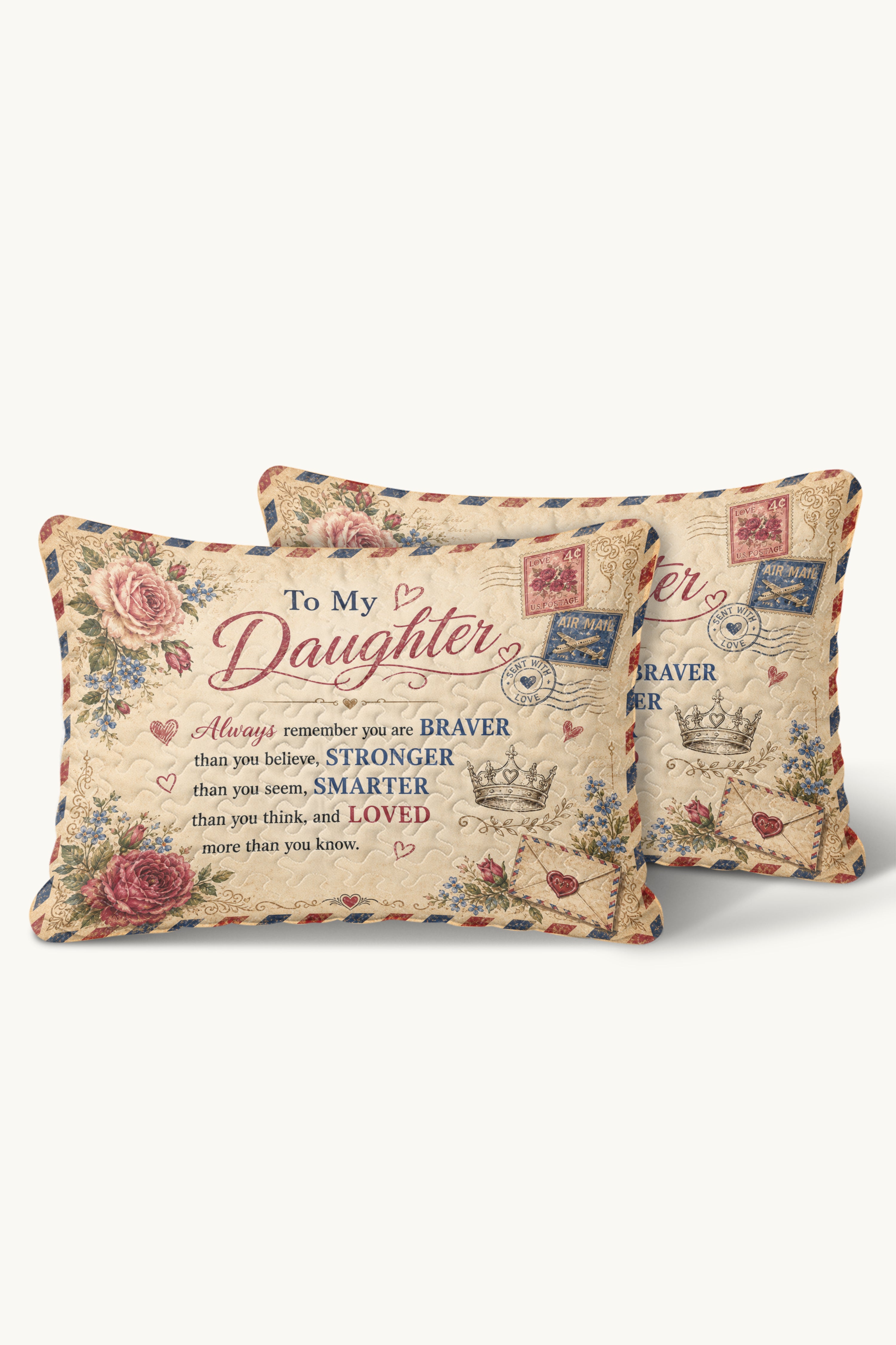 Daughter Braver Stronger Loved Vintage Air Mail Roses Pillow
