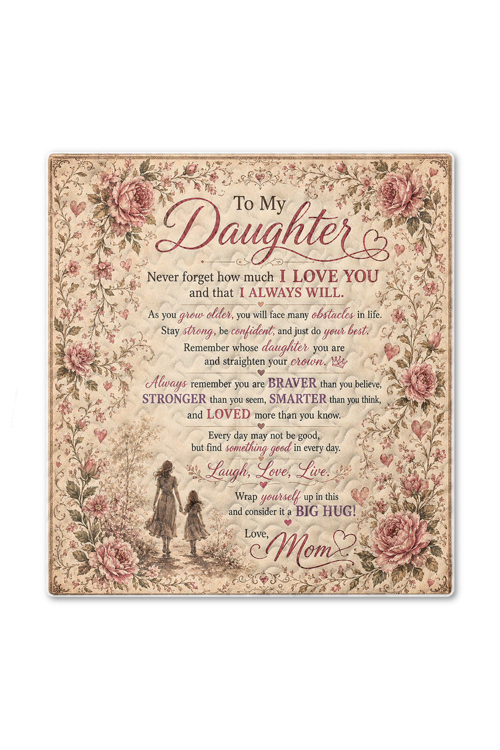 Daughter Braver Stronger Loved Vintage Pink Peony Quilt Blanket