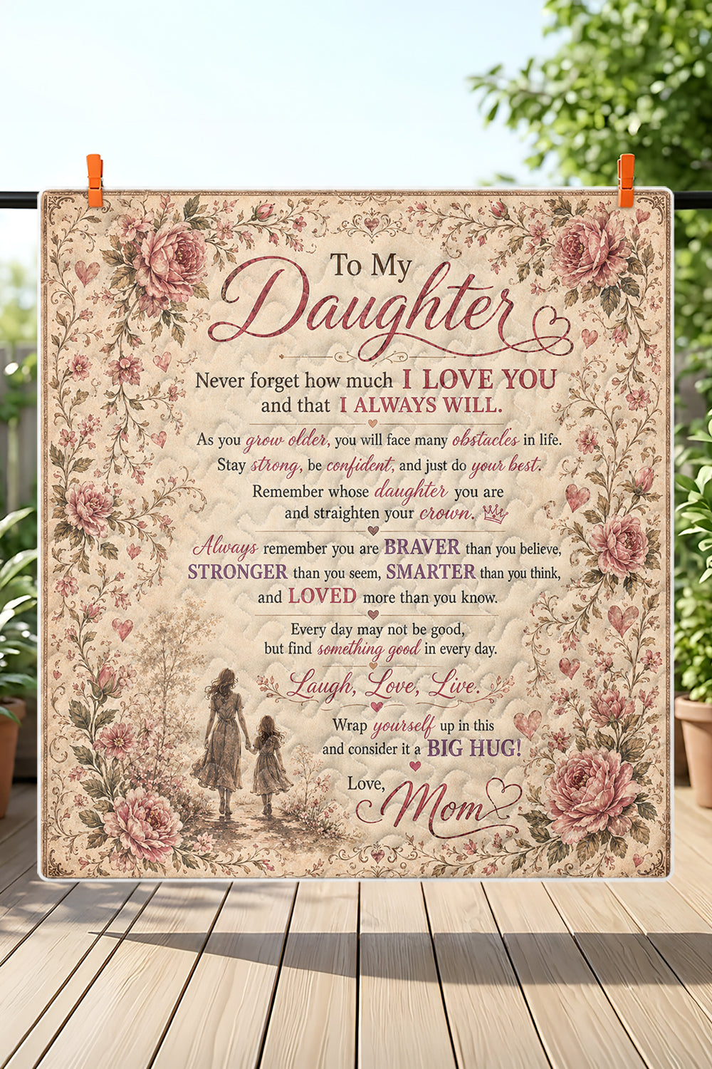 Daughter Braver Stronger Loved Vintage Pink Peony Blanket