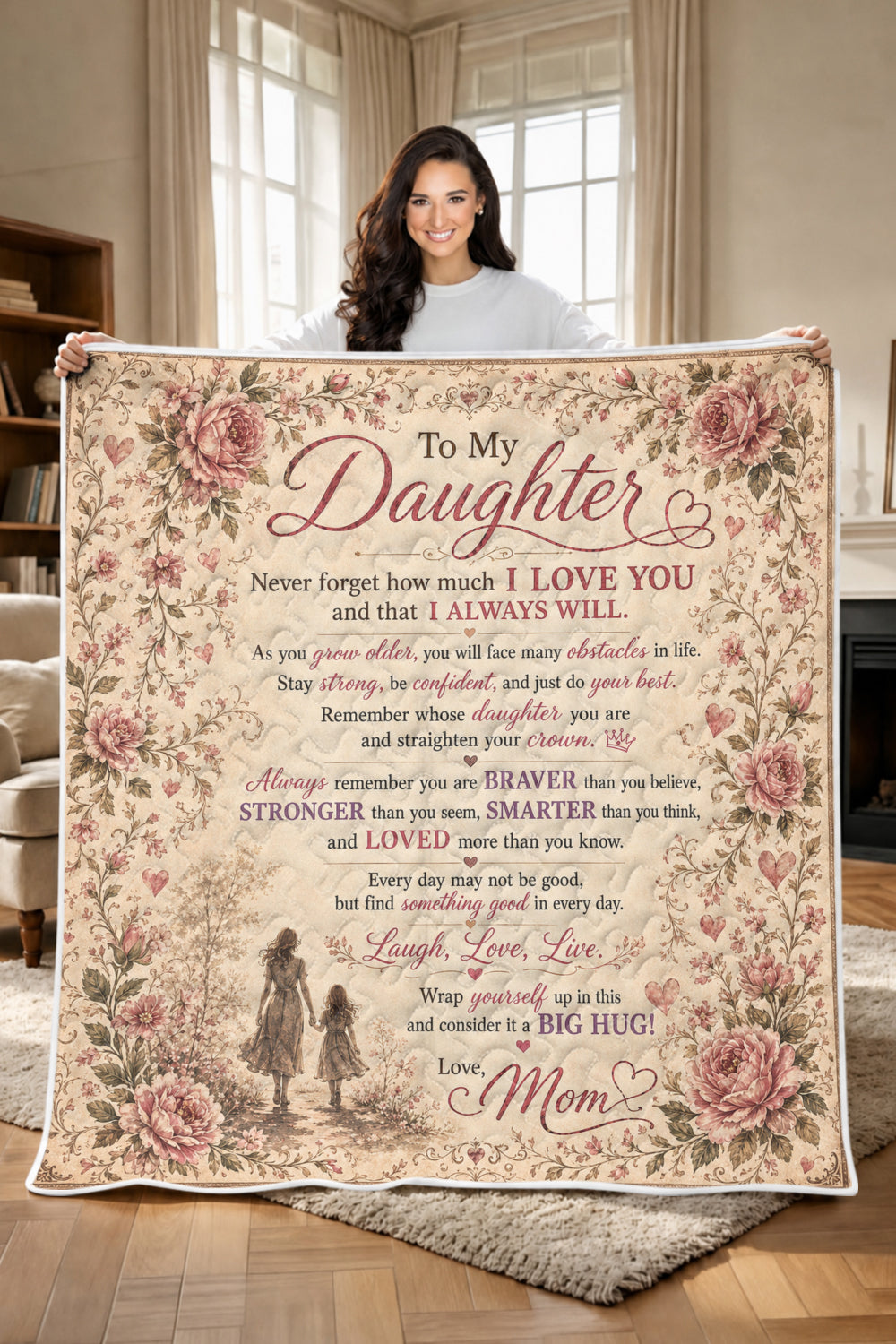 Daughter Braver Stronger Loved Vintage Pink Peony Quilt Blanket