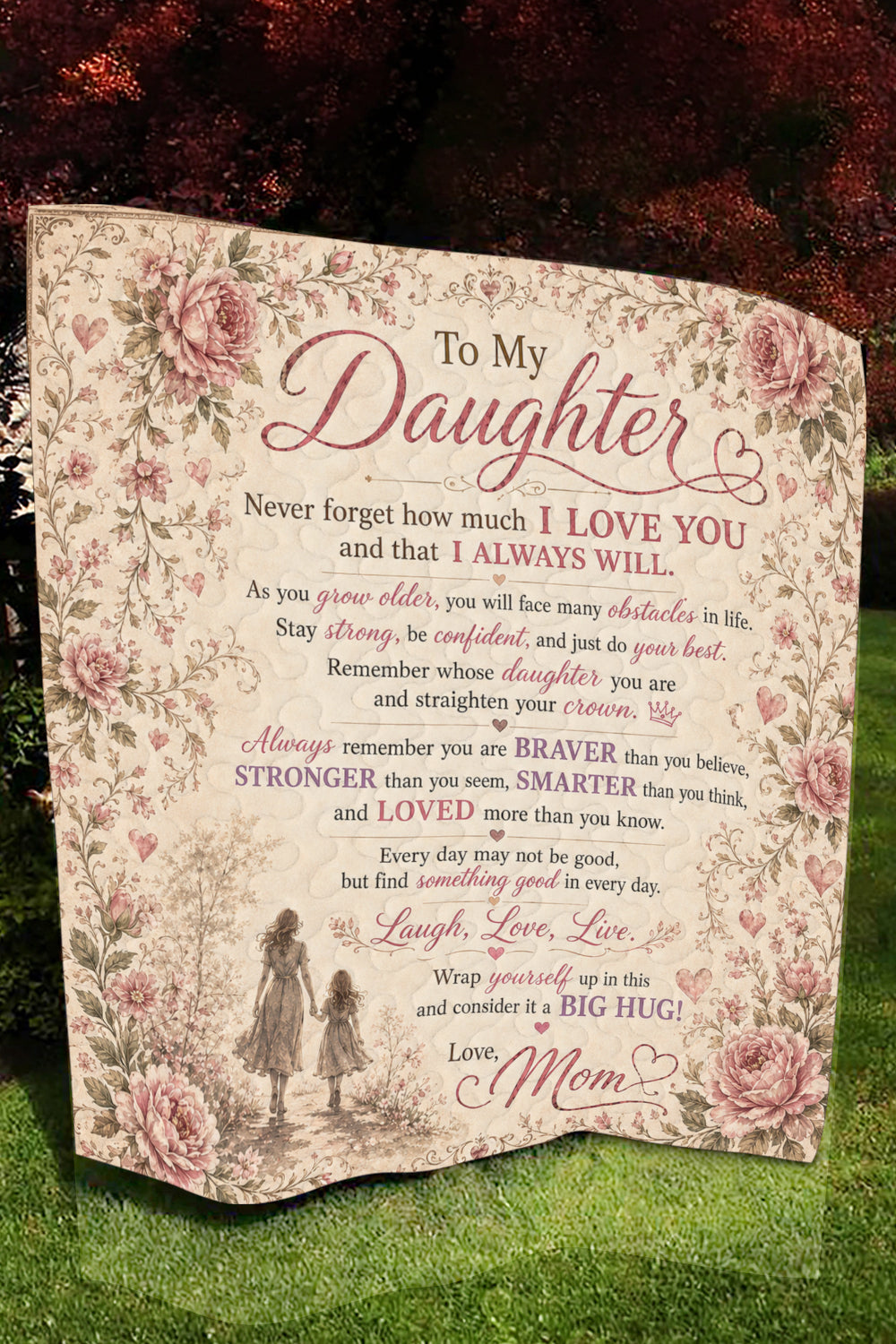 Daughter Braver Stronger Loved Vintage Pink Peony Quilt Blanket