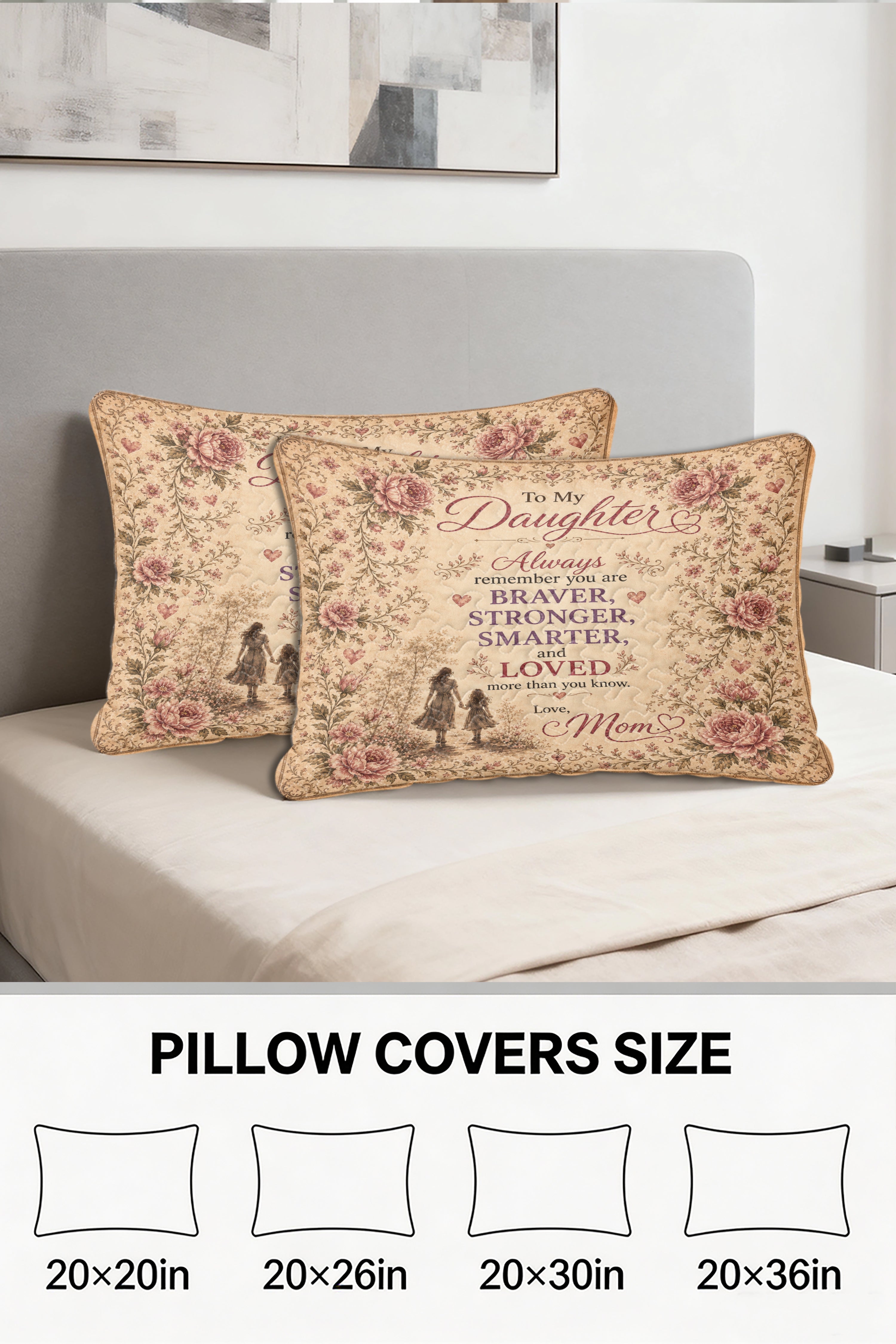 Daughter Braver Stronger Loved Vintage Pink Peony Pillow