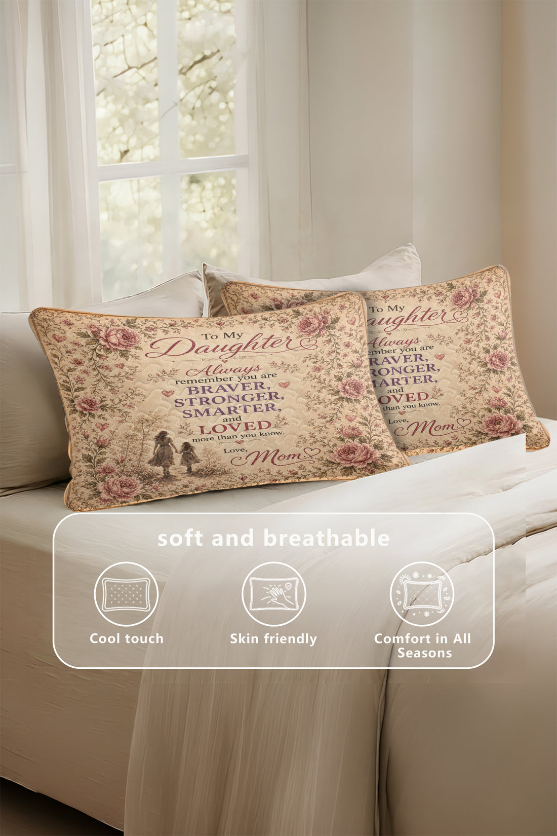 Daughter Braver Stronger Loved Vintage Pink Peony Pillow