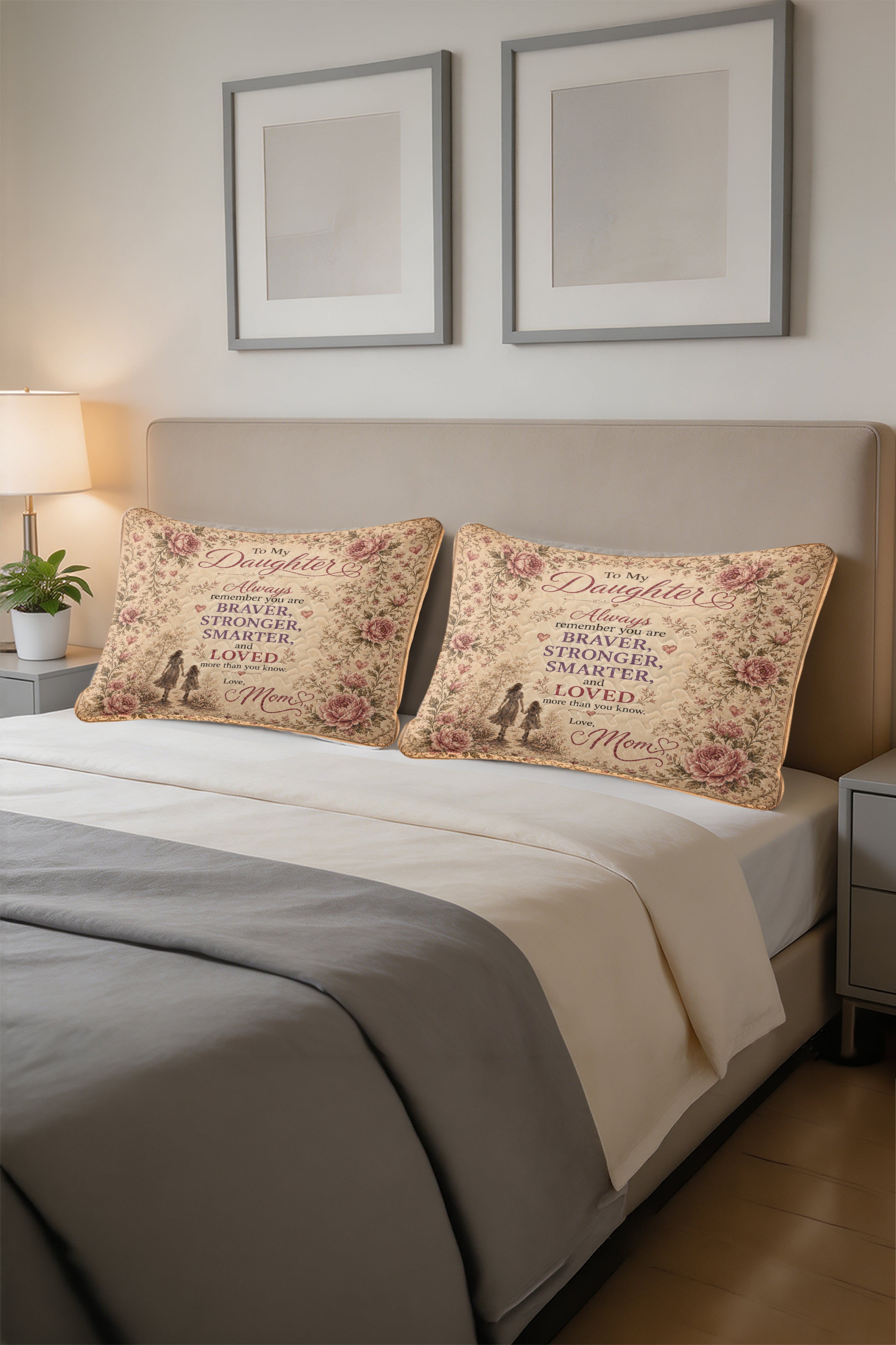 Daughter Braver Stronger Loved Vintage Pink Peony Pillow