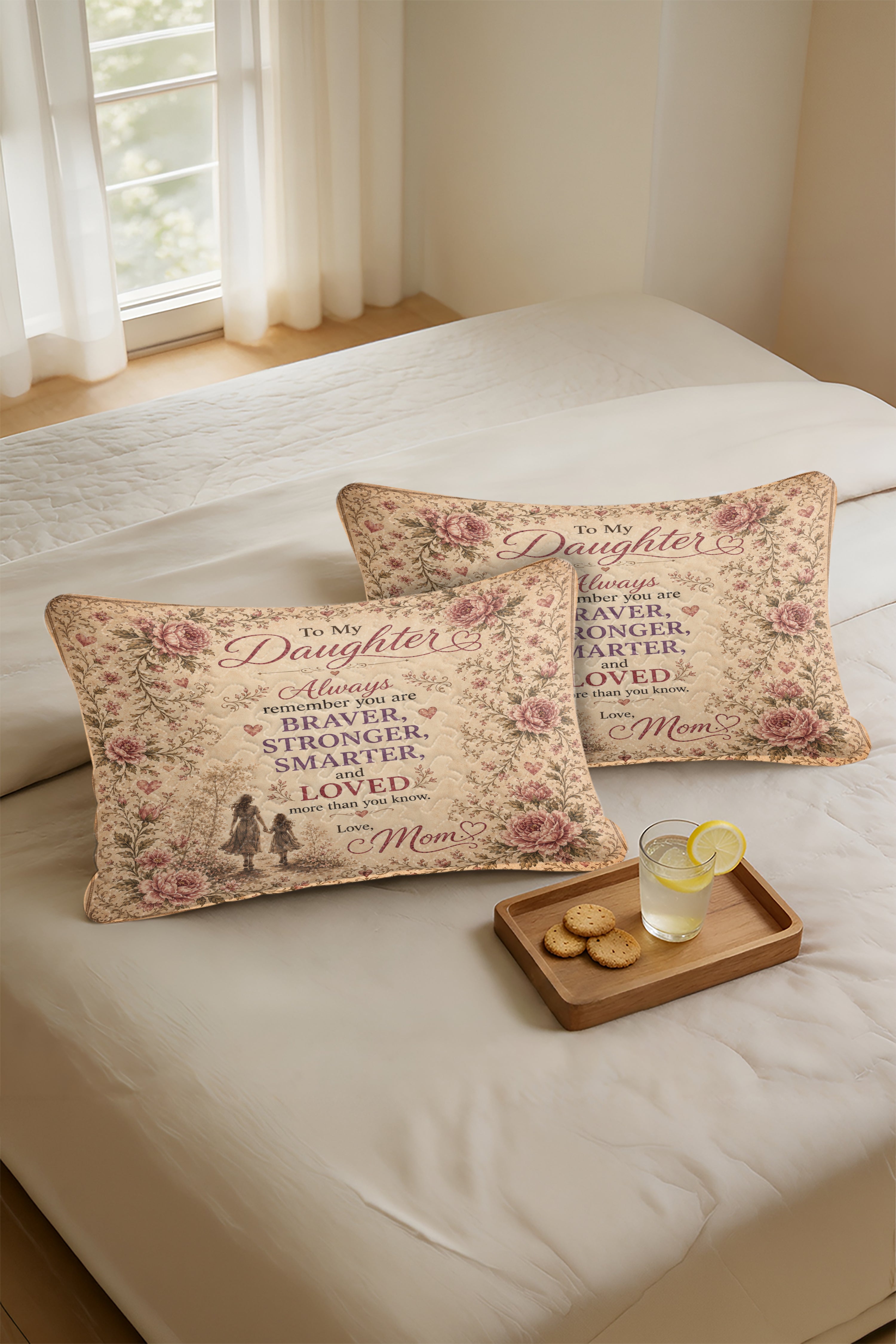 Daughter Braver Stronger Loved Vintage Pink Peony Pillow