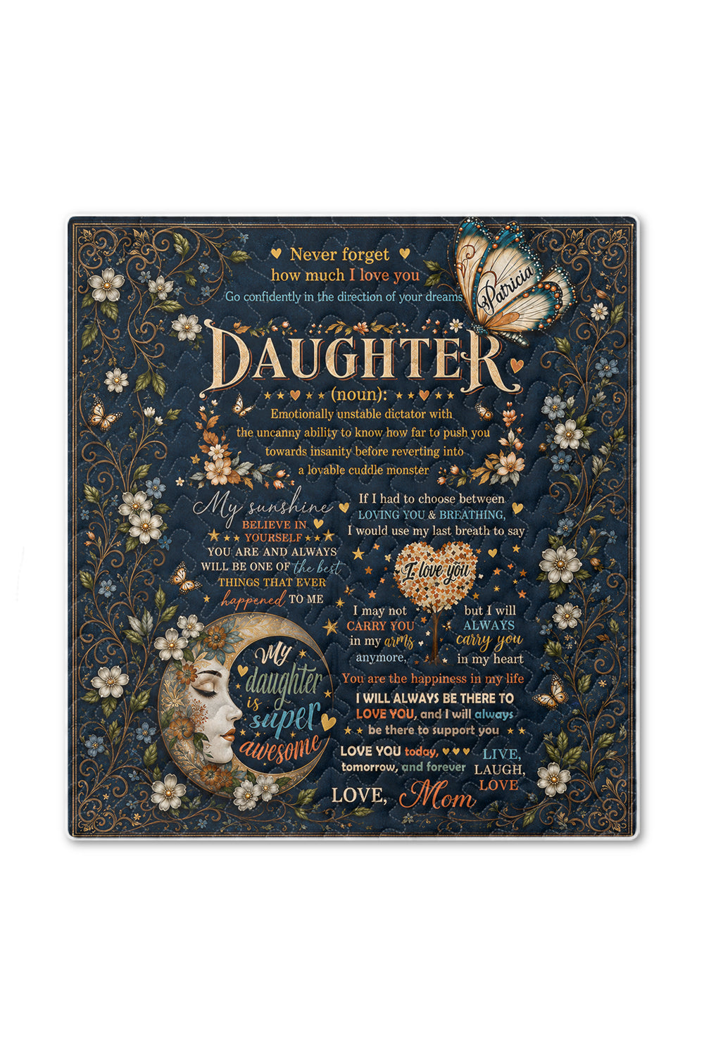 Daughter Funny Love More Than Breathing Navy Quilt Blanket