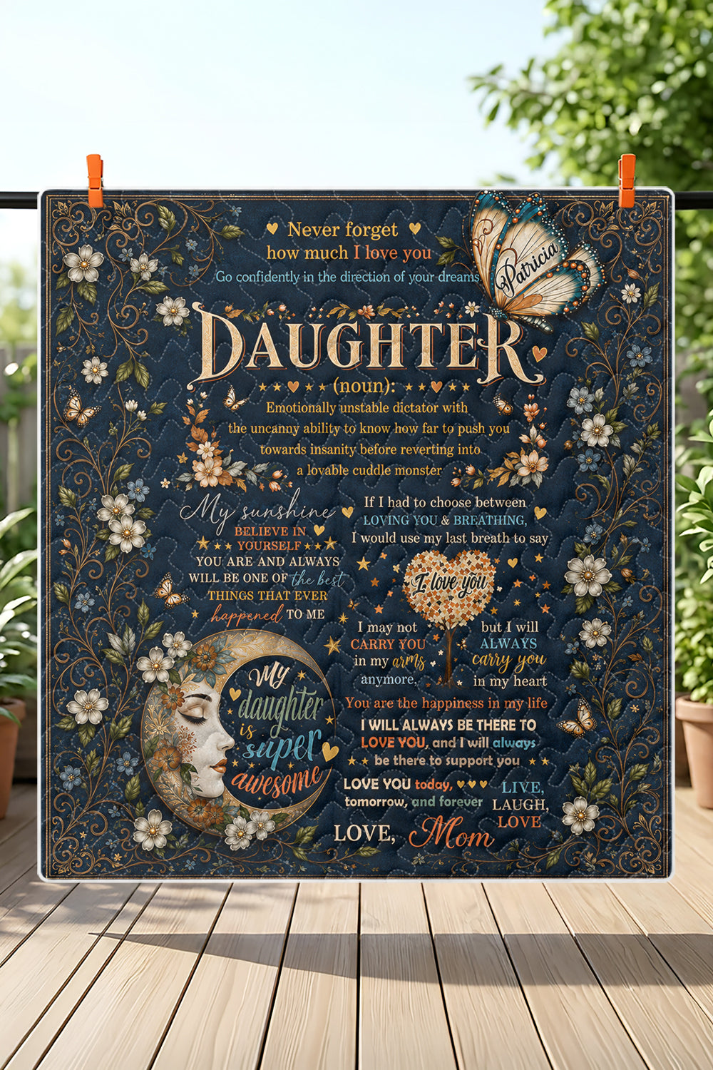 Daughter Funny Love More Than Breathing Navy Quilt Blanket