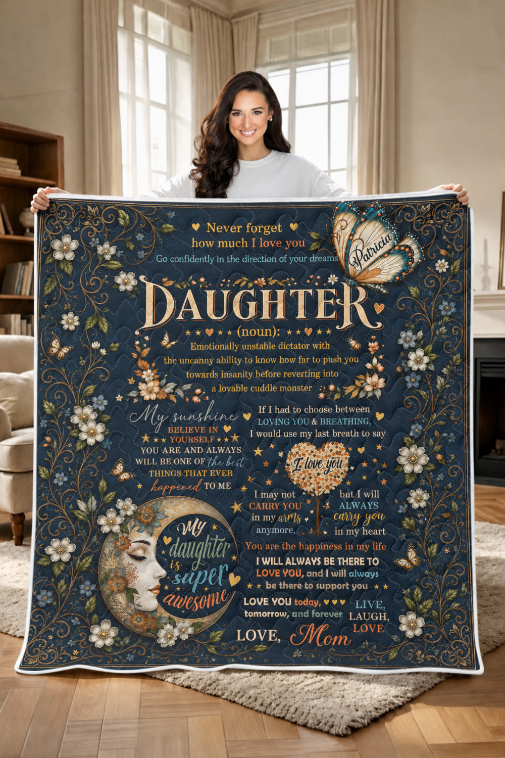 Daughter Funny Love More Than Breathing Navy Quilt Blanket