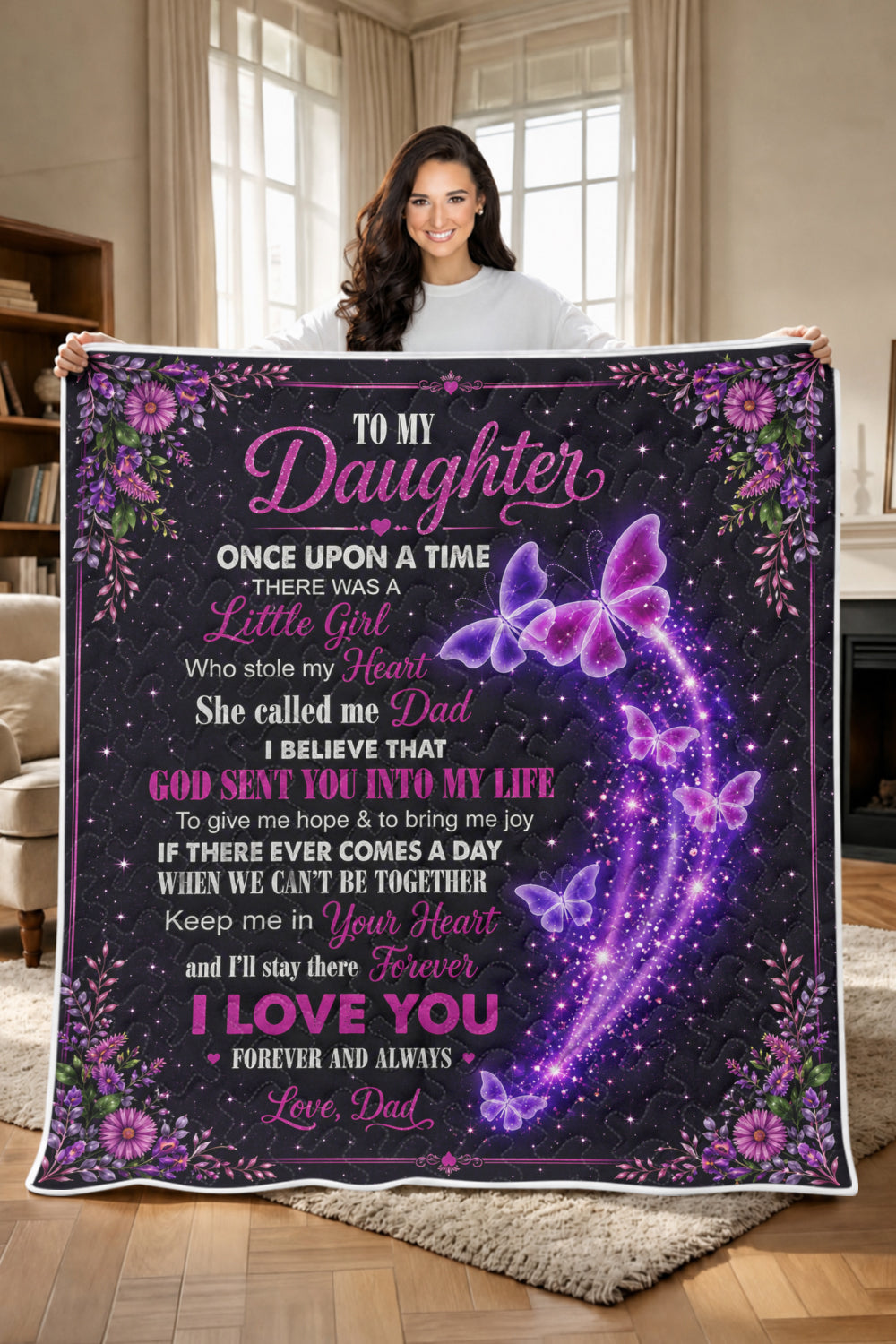 Daughter God Sent You Into My Life Purple Butterfly Quilt Blanket