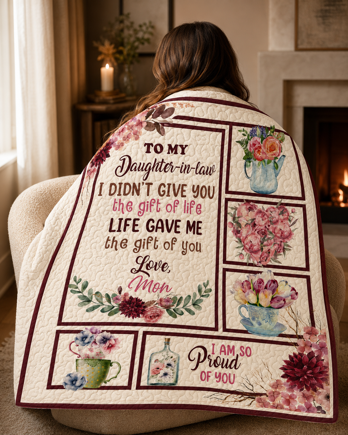 Daughter In Law Beautiful Flower Quilt Blanket