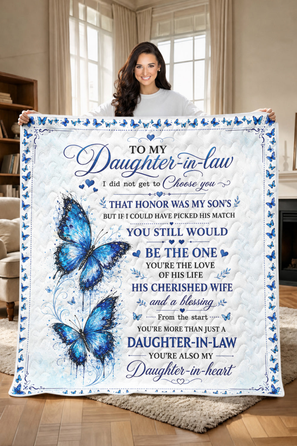 Daughter In Law Daughter In Heart Blue Butterfly Quilt Blanket