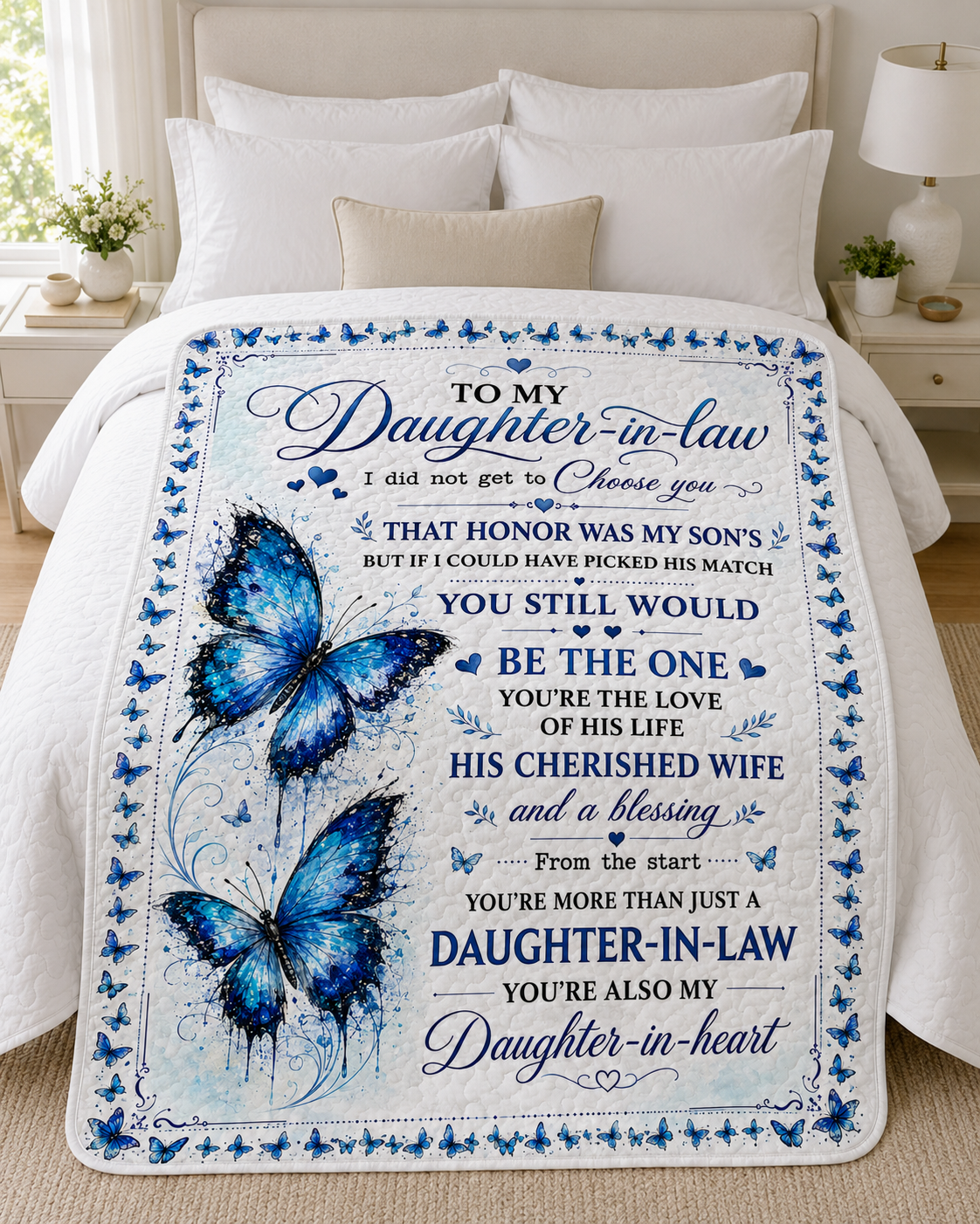 Daughter In Law Daughter In Heart Blue Butterfly Quilt Blanket