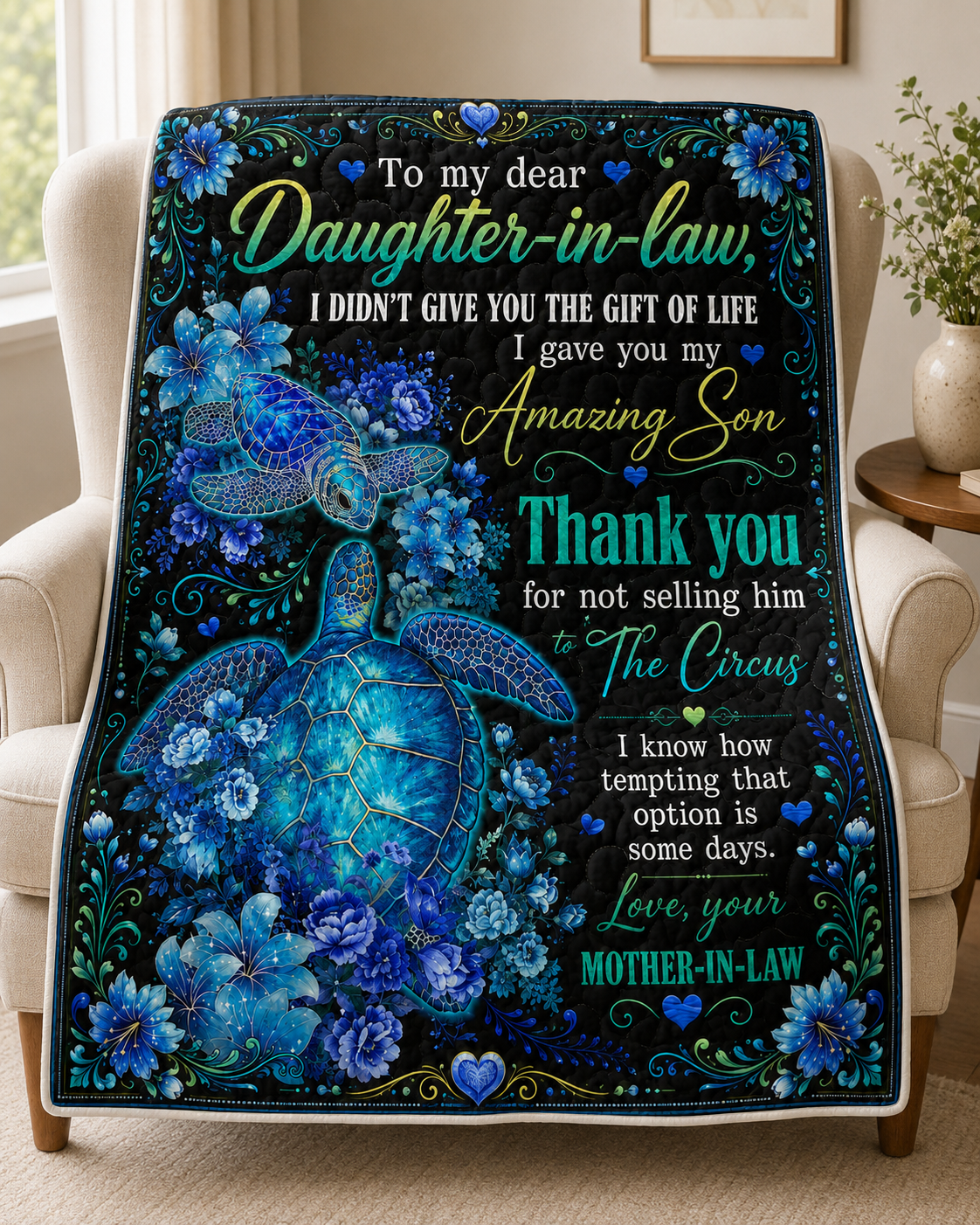 Daughter In Law Thank You Sea Turtle Funny Quilt Blanket