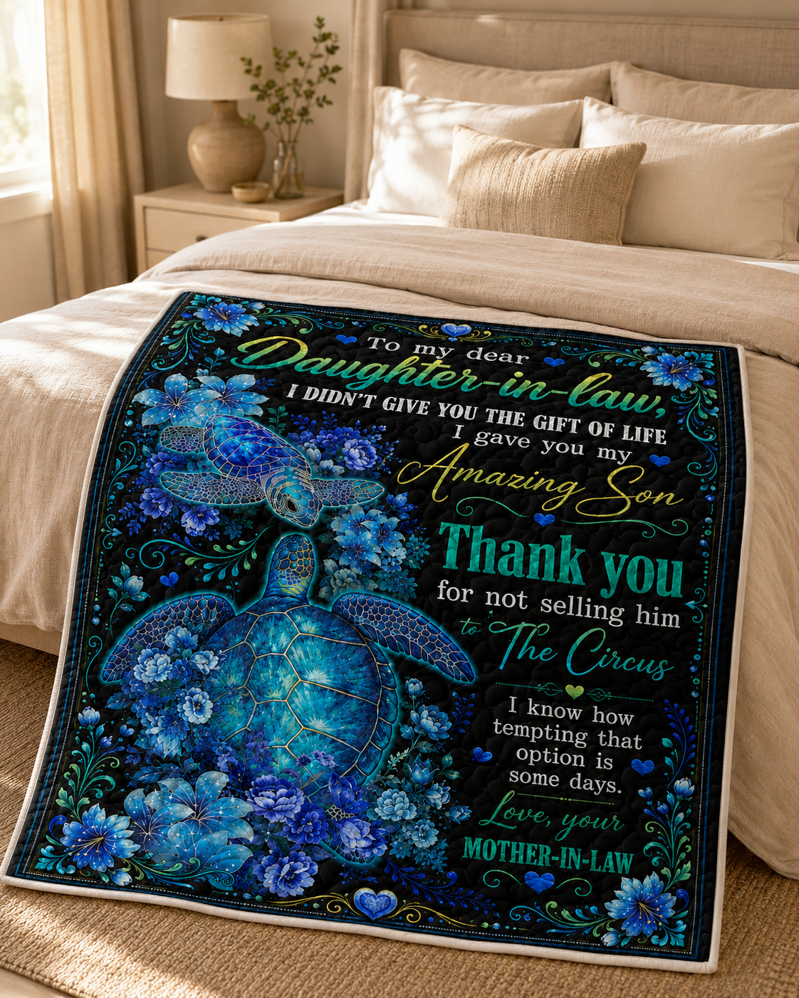 Daughter In Law Thank You Sea Turtle Funny Quilt Blanket