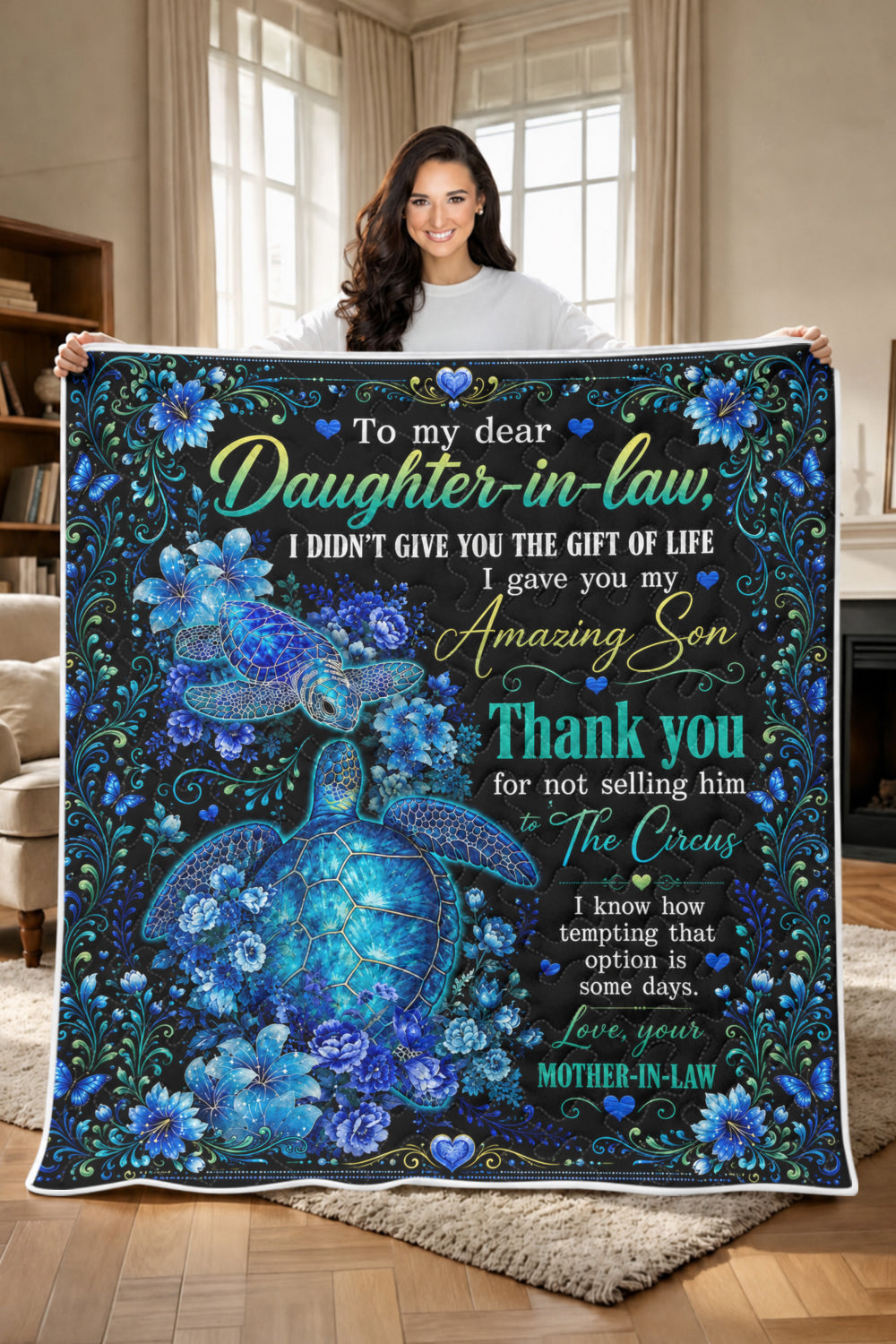 Daughter In Law Thank You Sea Turtle Funny Quilt Blanket