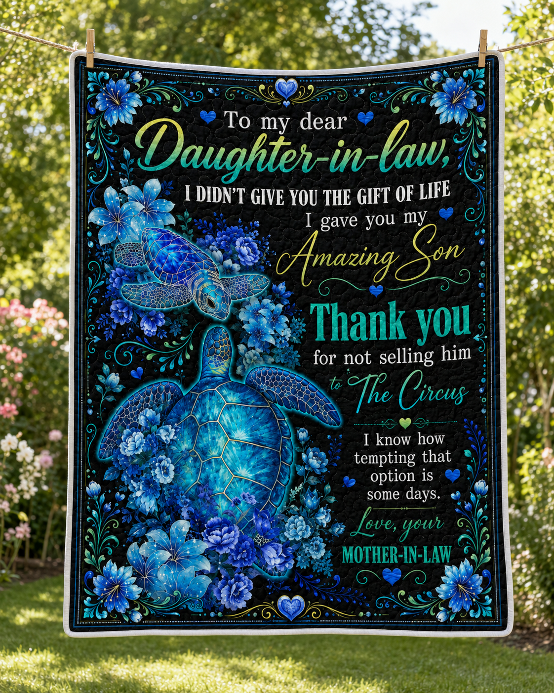 Daughter In Law Thank You Sea Turtle Funny Quilt Blanket