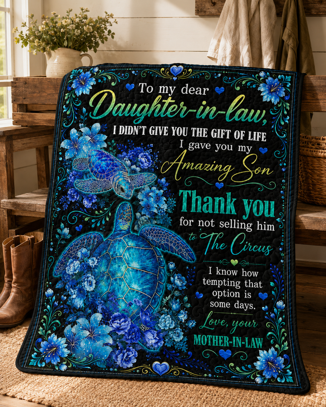 Daughter In Law Thank You Sea Turtle Funny Quilt Blanket