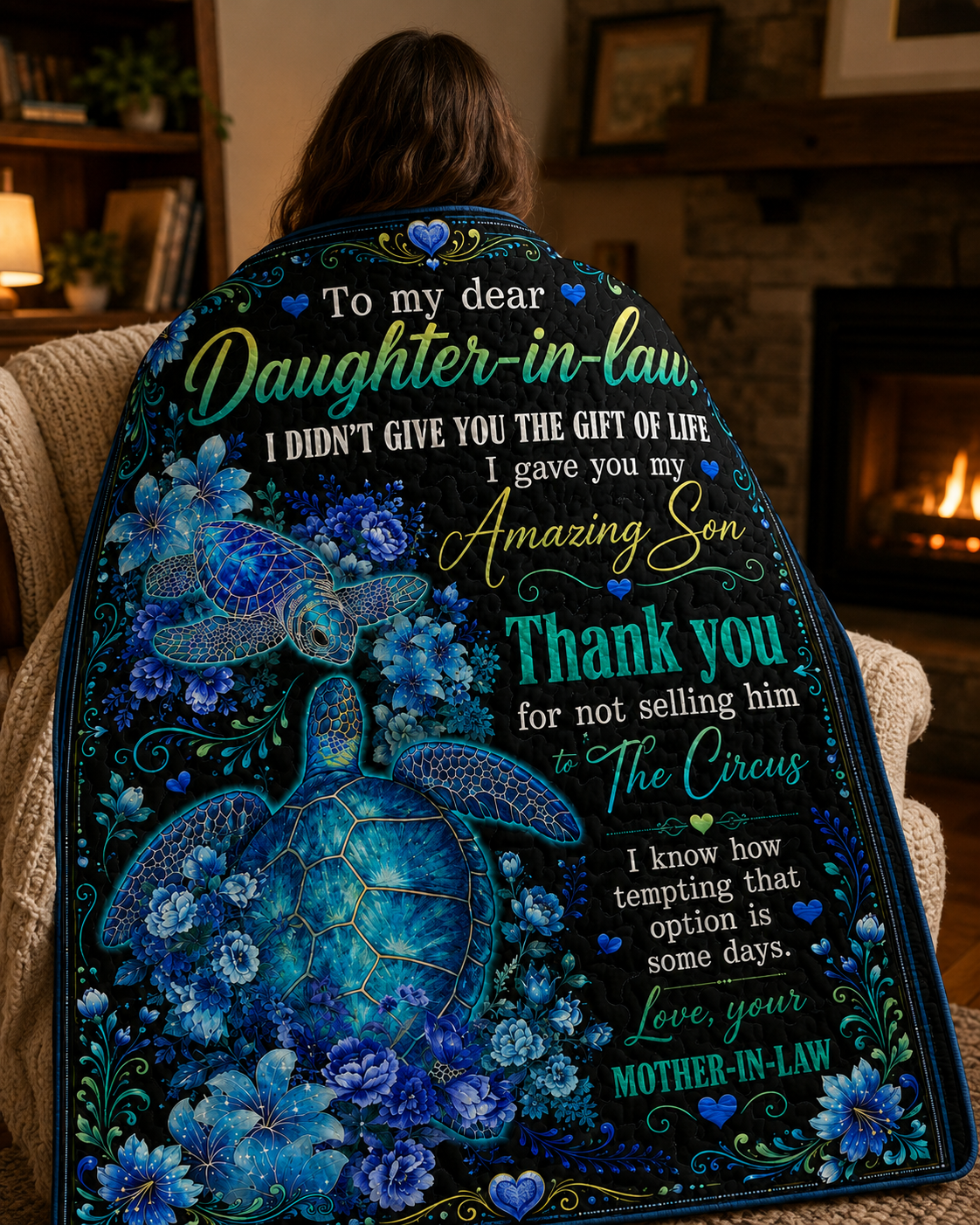 Daughter In Law Thank You Sea Turtle Funny Quilt Blanket