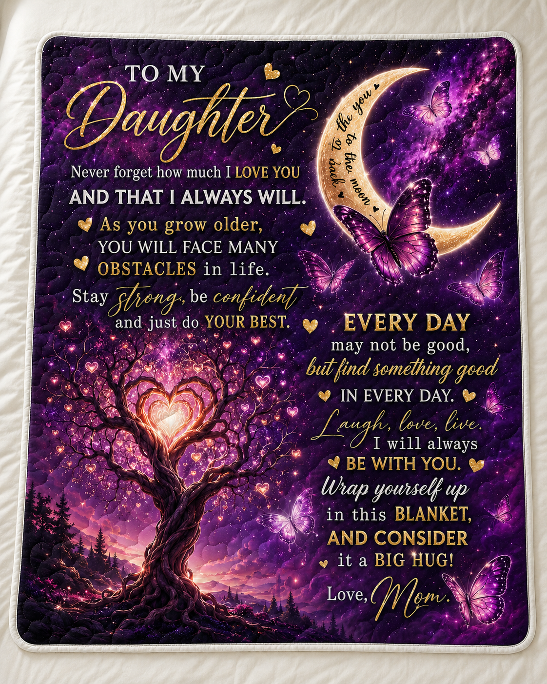 Daughter Love You Moon And Back Purple Galaxy Quilt Blanket