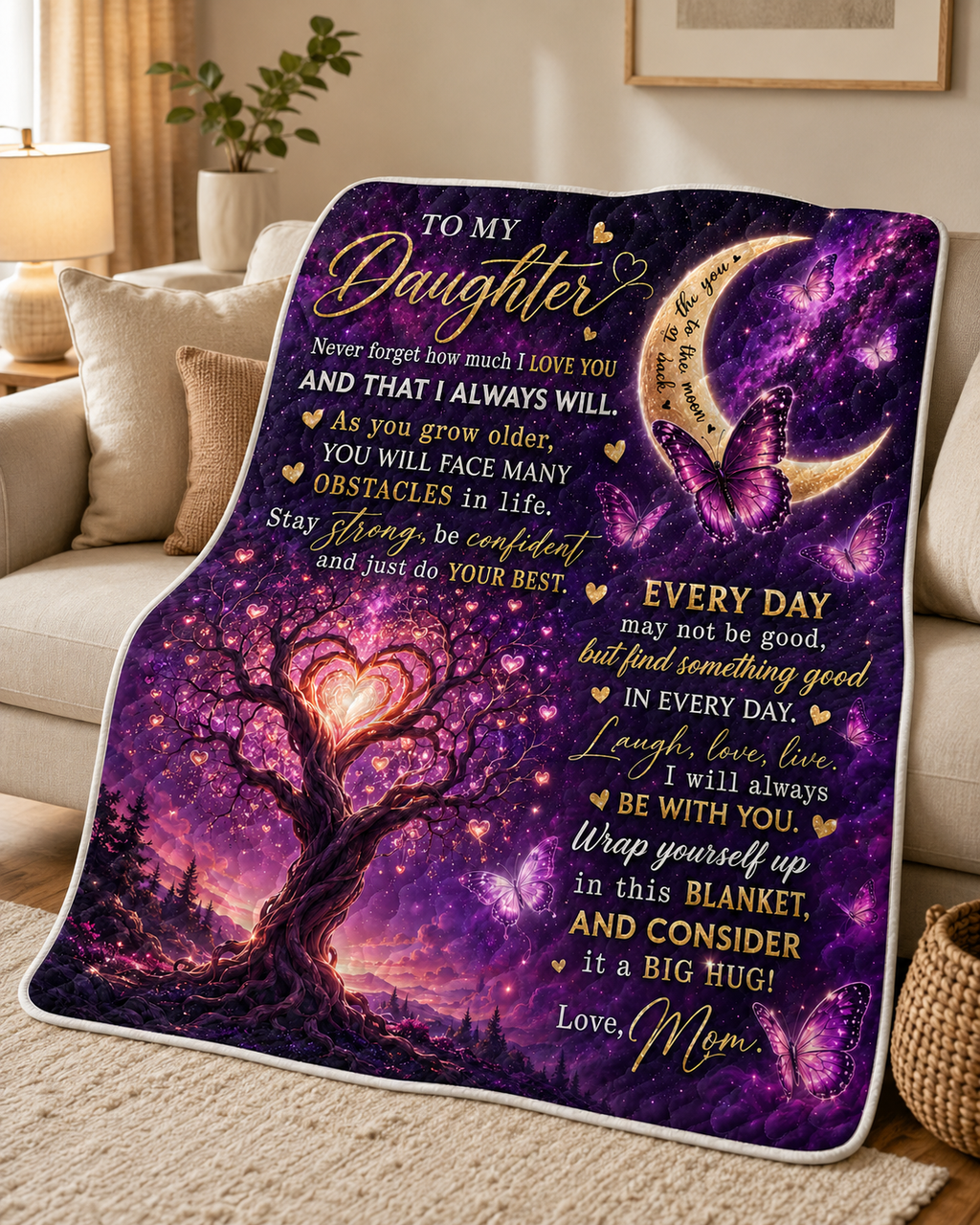 Daughter Love You Moon And Back Purple Galaxy Blanket