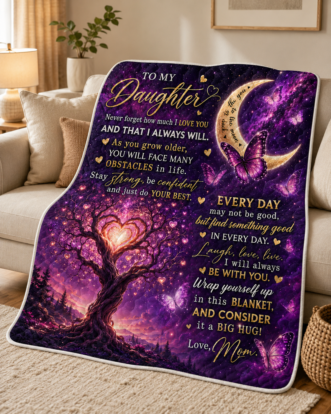 Daughter Love You Moon And Back Purple Galaxy Quilt Blanket