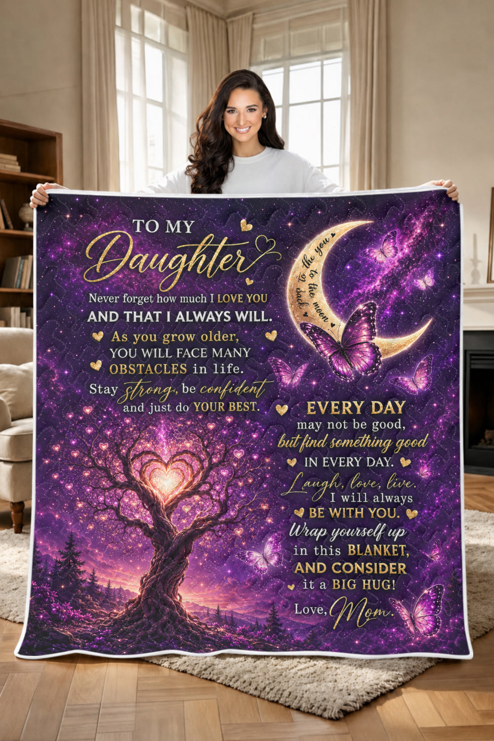 Daughter Love You Moon And Back Purple Galaxy Quilt Blanket