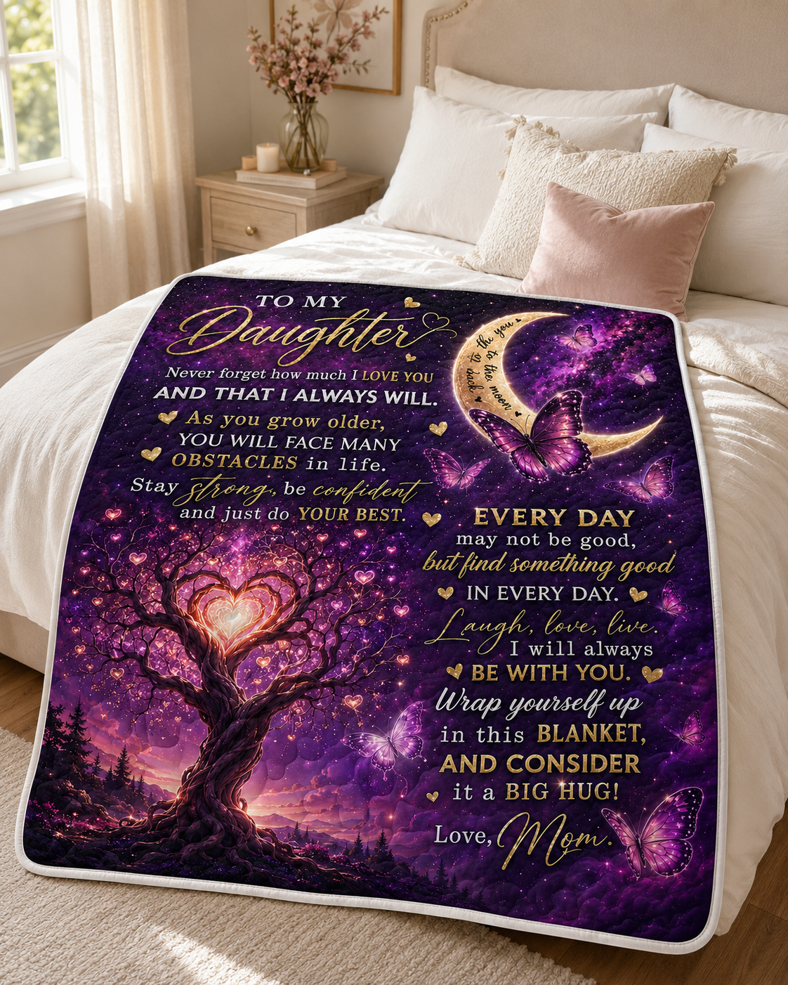 Daughter Love You Moon And Back Purple Galaxy Quilt Blanket