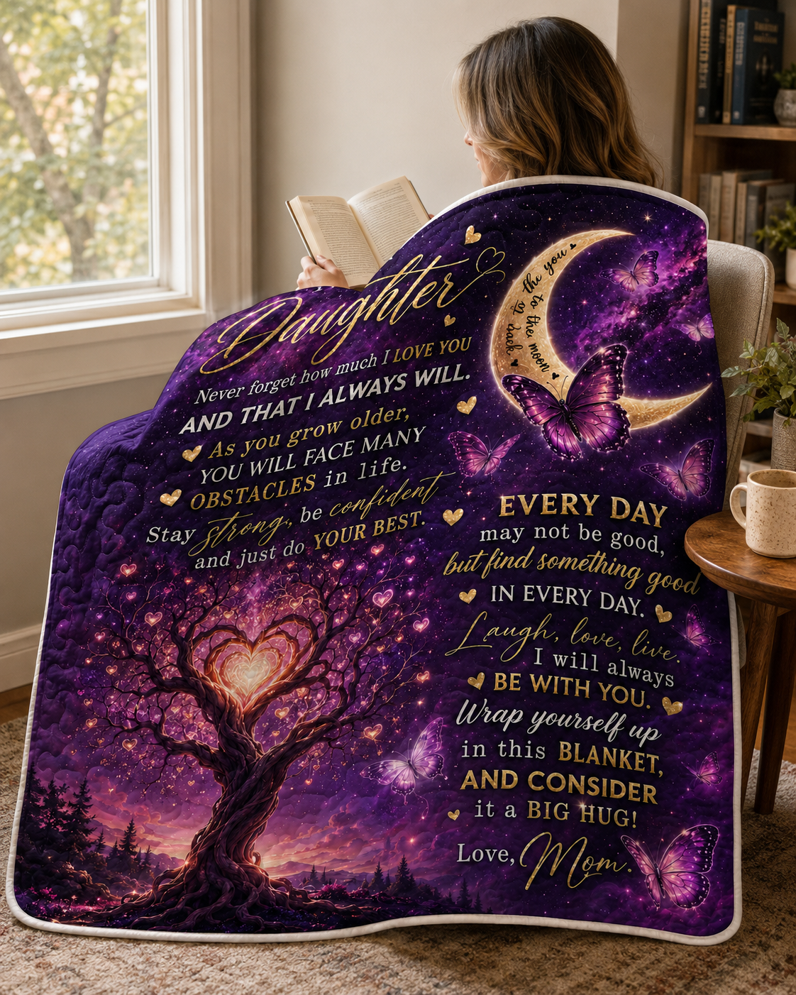 Daughter Love You Moon And Back Purple Galaxy Quilt Blanket